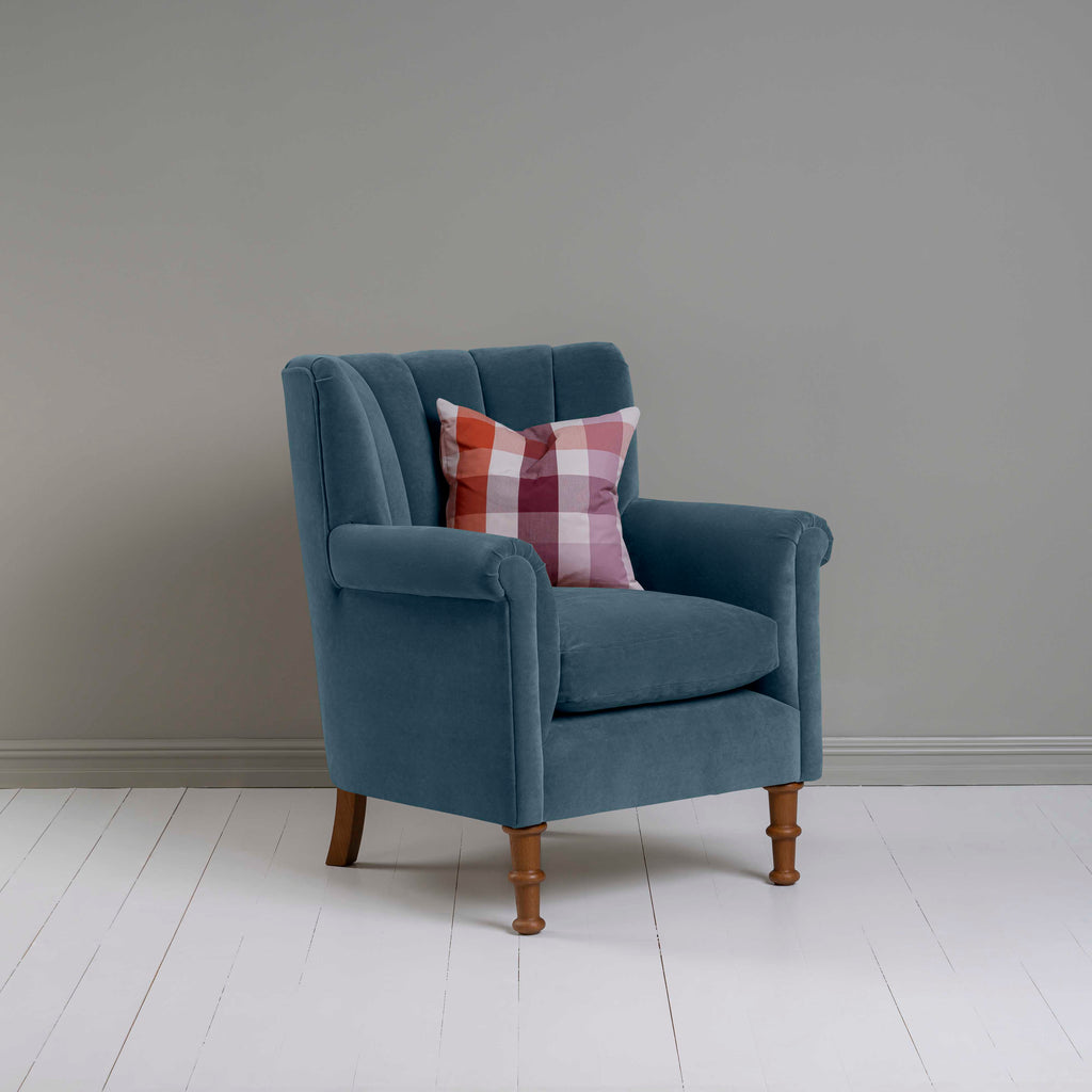  Time Out Armchair in Intelligent Velvet Aegean, Side View With Cushion - NiX 