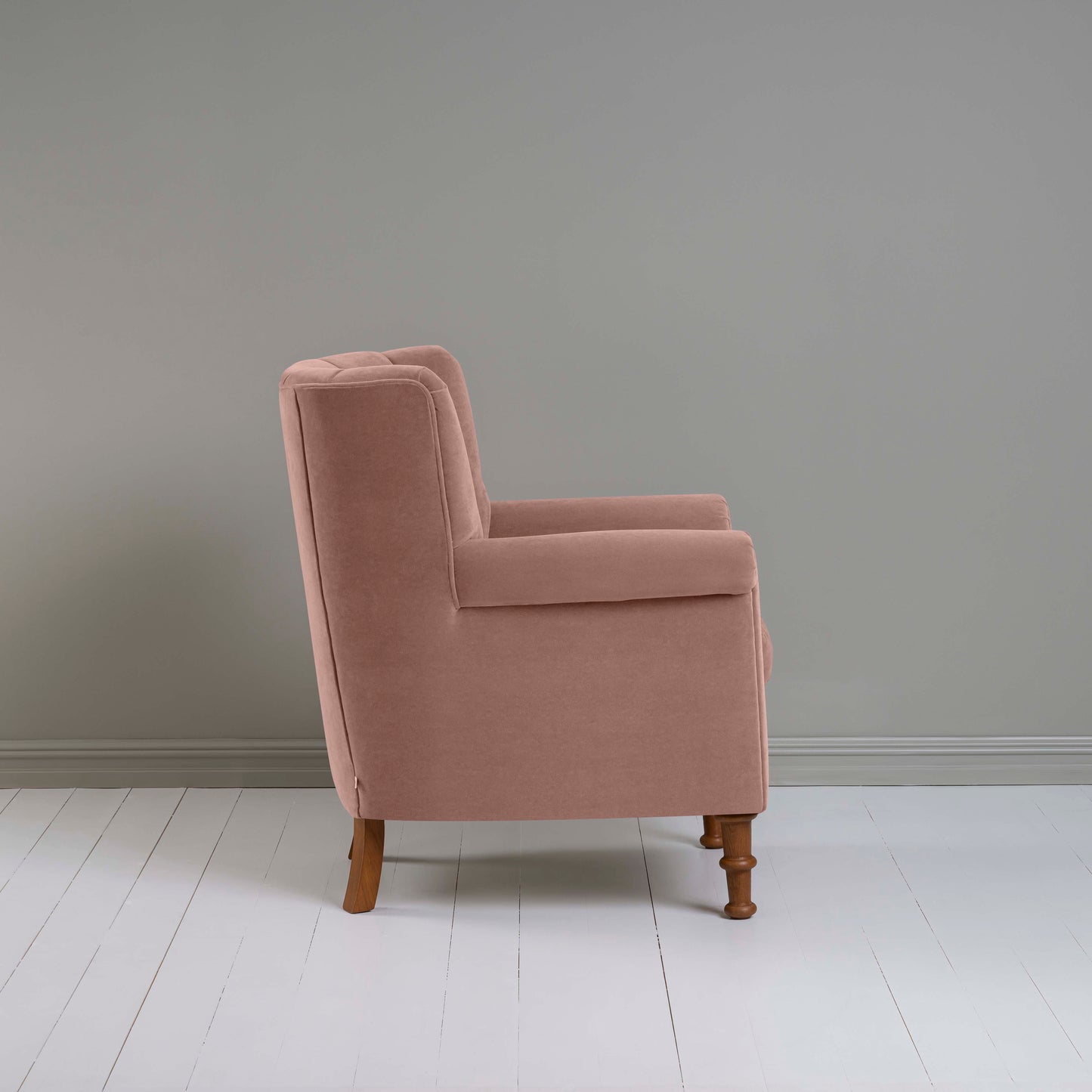 Time Out Armchair in Intelligent Velvet Dusky Pink, Side View - NiX