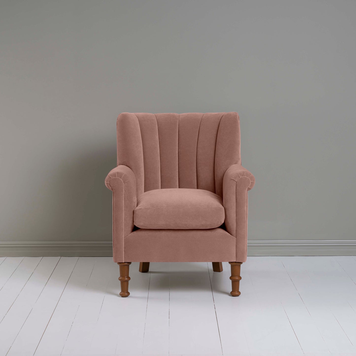 Time Out Armchair in Intelligent Velvet Dusky Pink, Front View - NiX