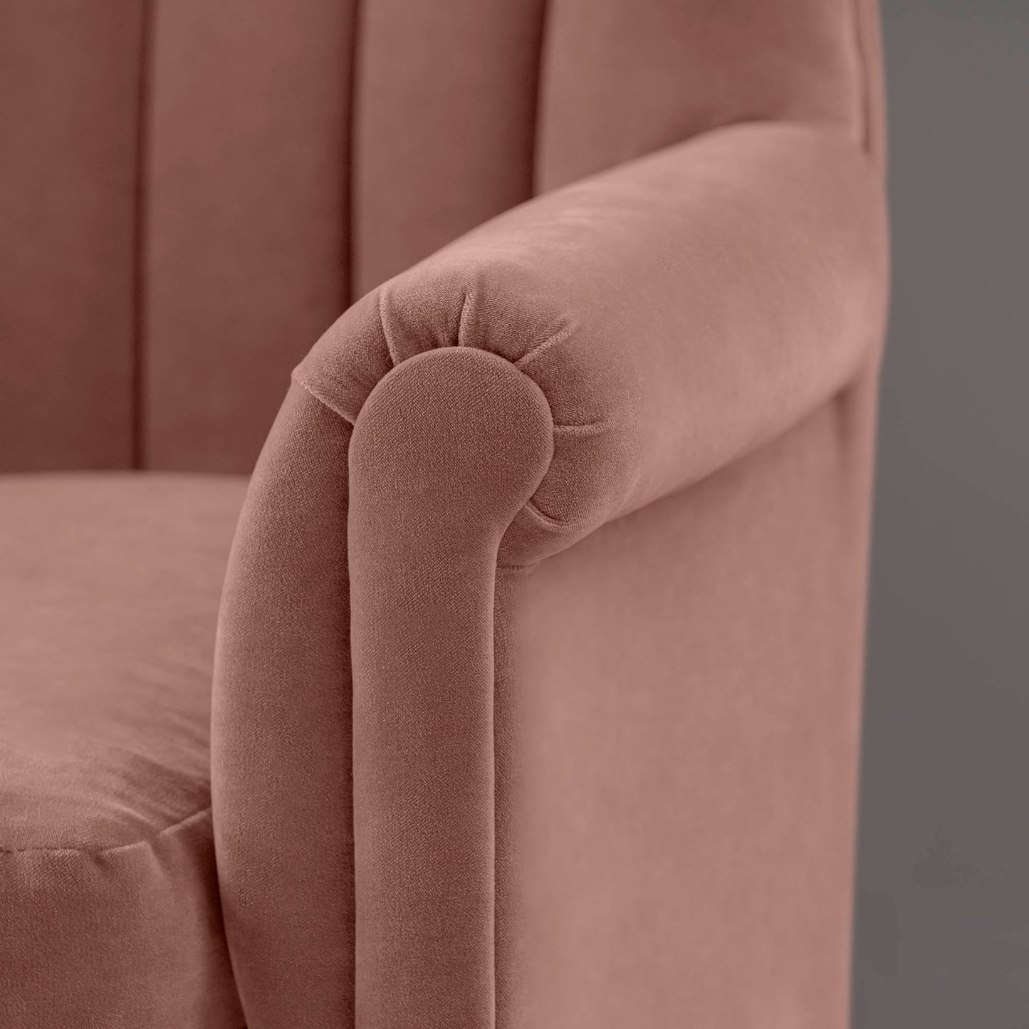 Time Out Armchair in Intelligent Velvet Dusky Pink, Arm Design Closeup - NiX