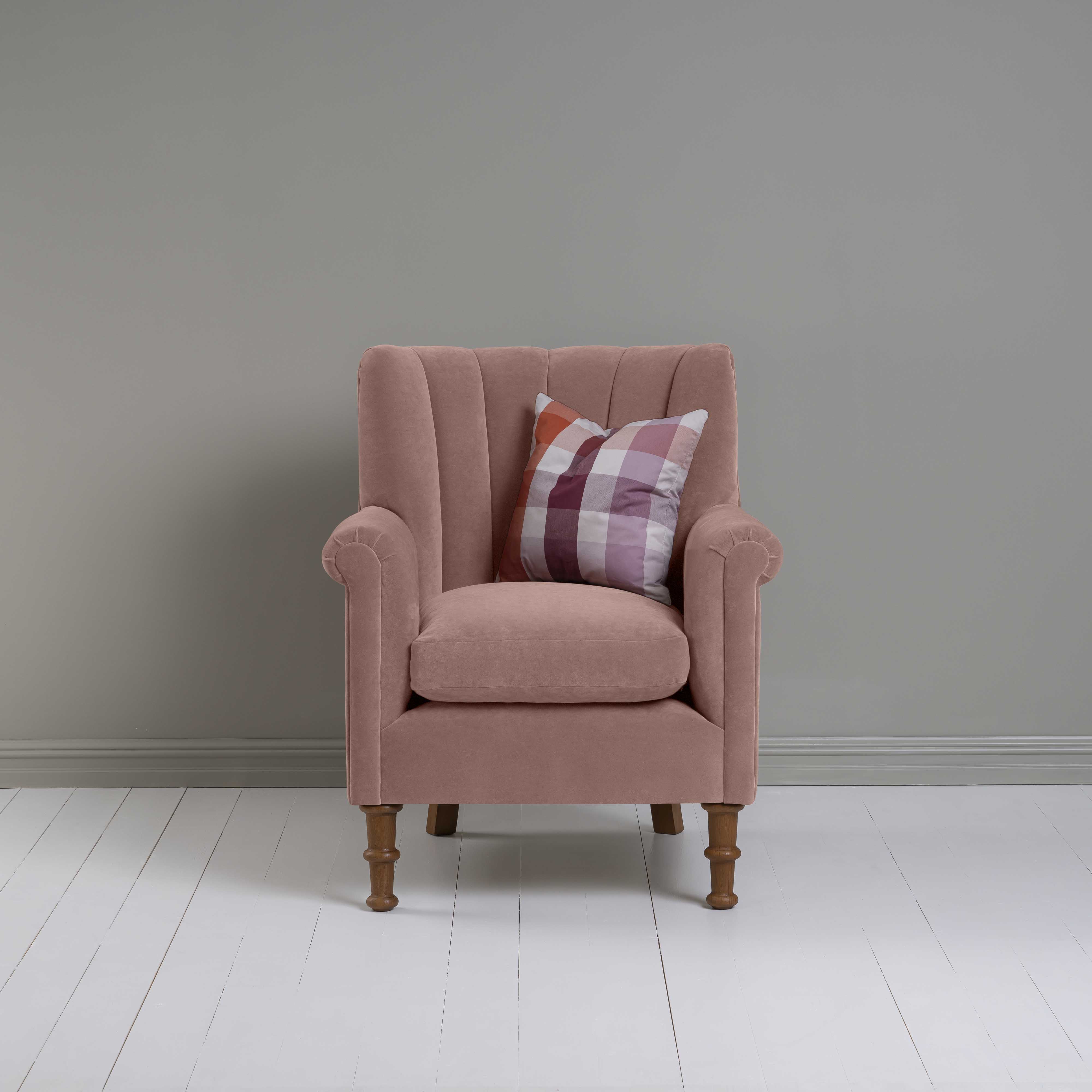  Time Out Armchair in Intelligent Velvet Dusky Pink, Front View With Cushion - NiX 