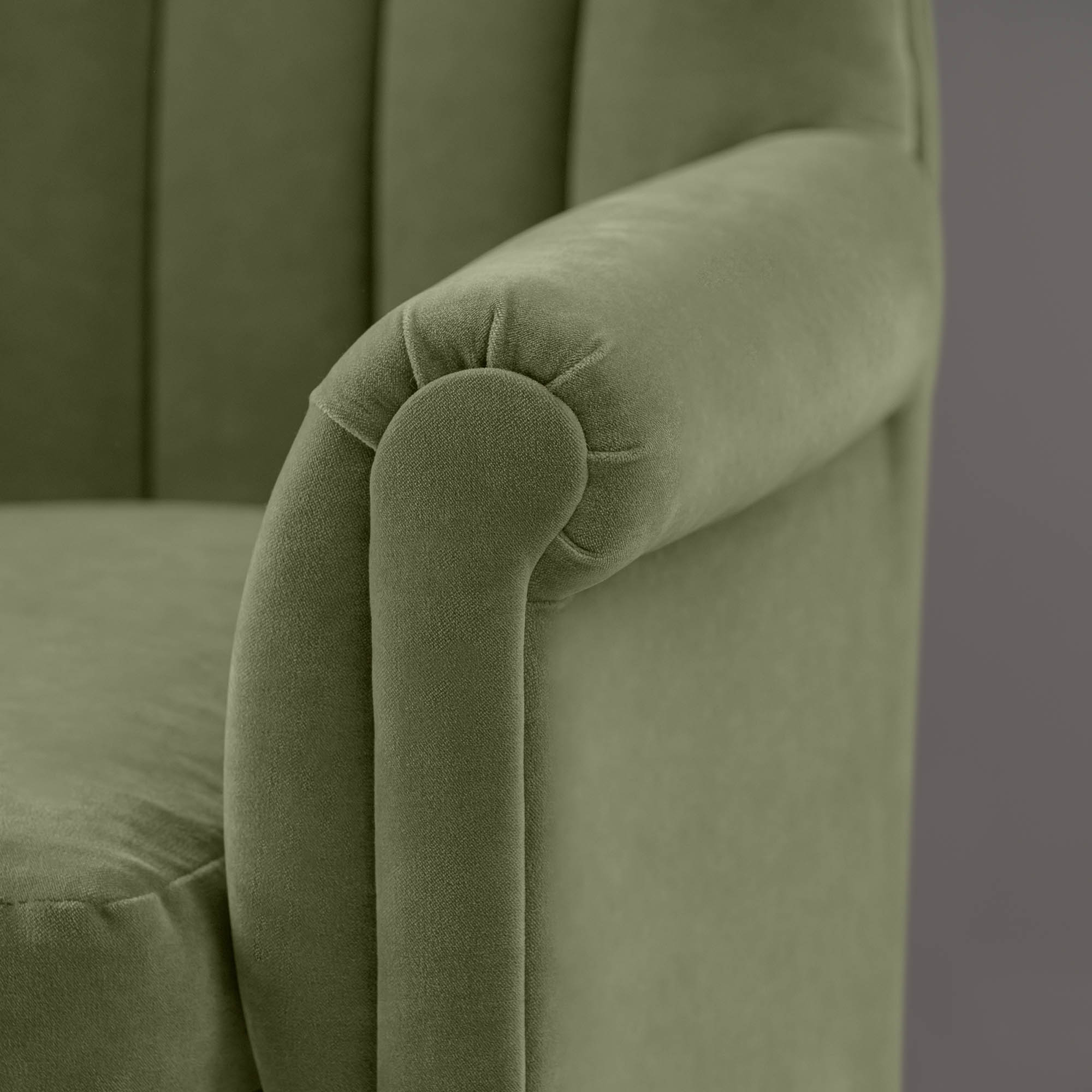  Time Out Armchair in Intelligent Velvet Green Tea, Arm Design Closeup - NiX 