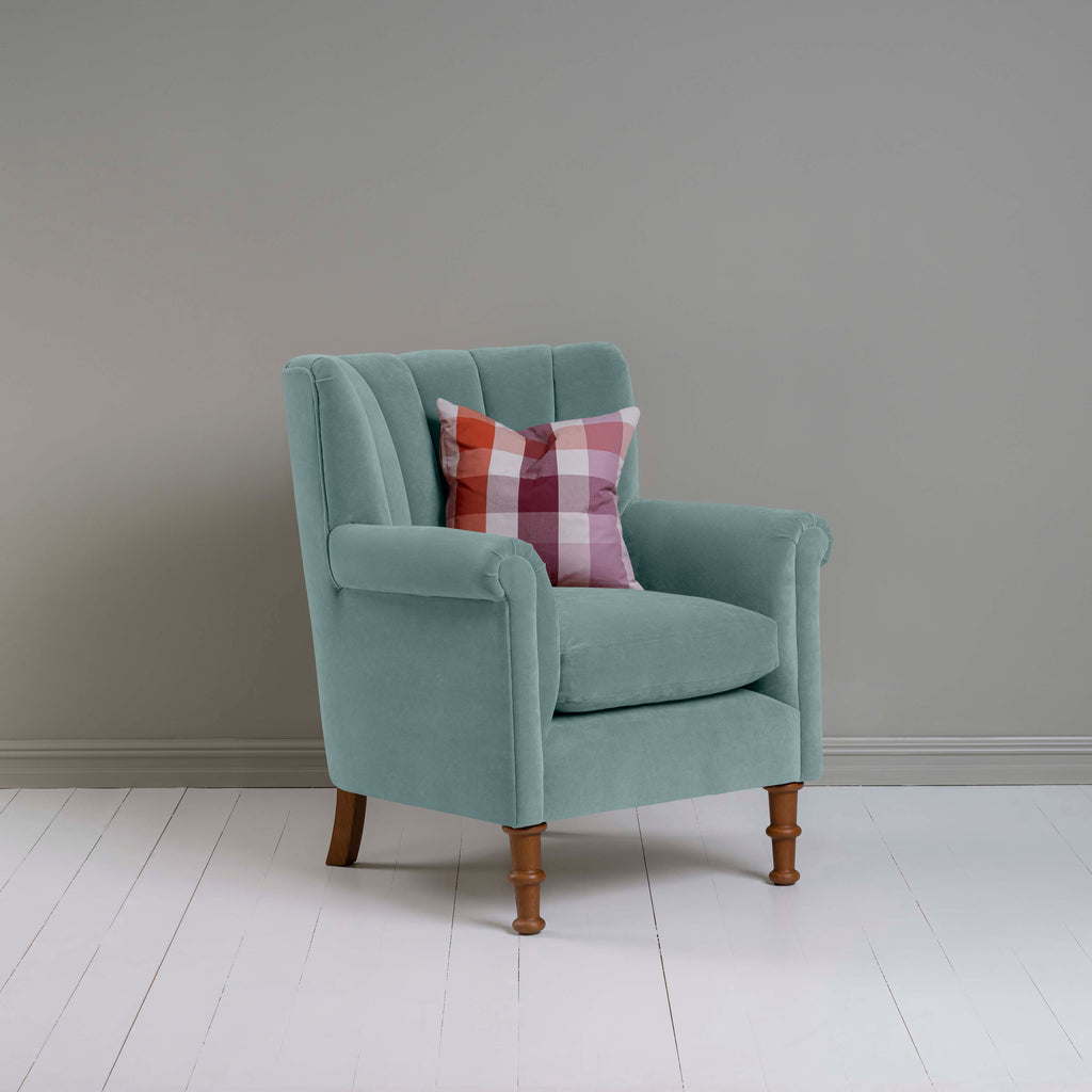  Time Out Armchair in Intelligent Velvet Mineral, Side View With Cushion - NiX 