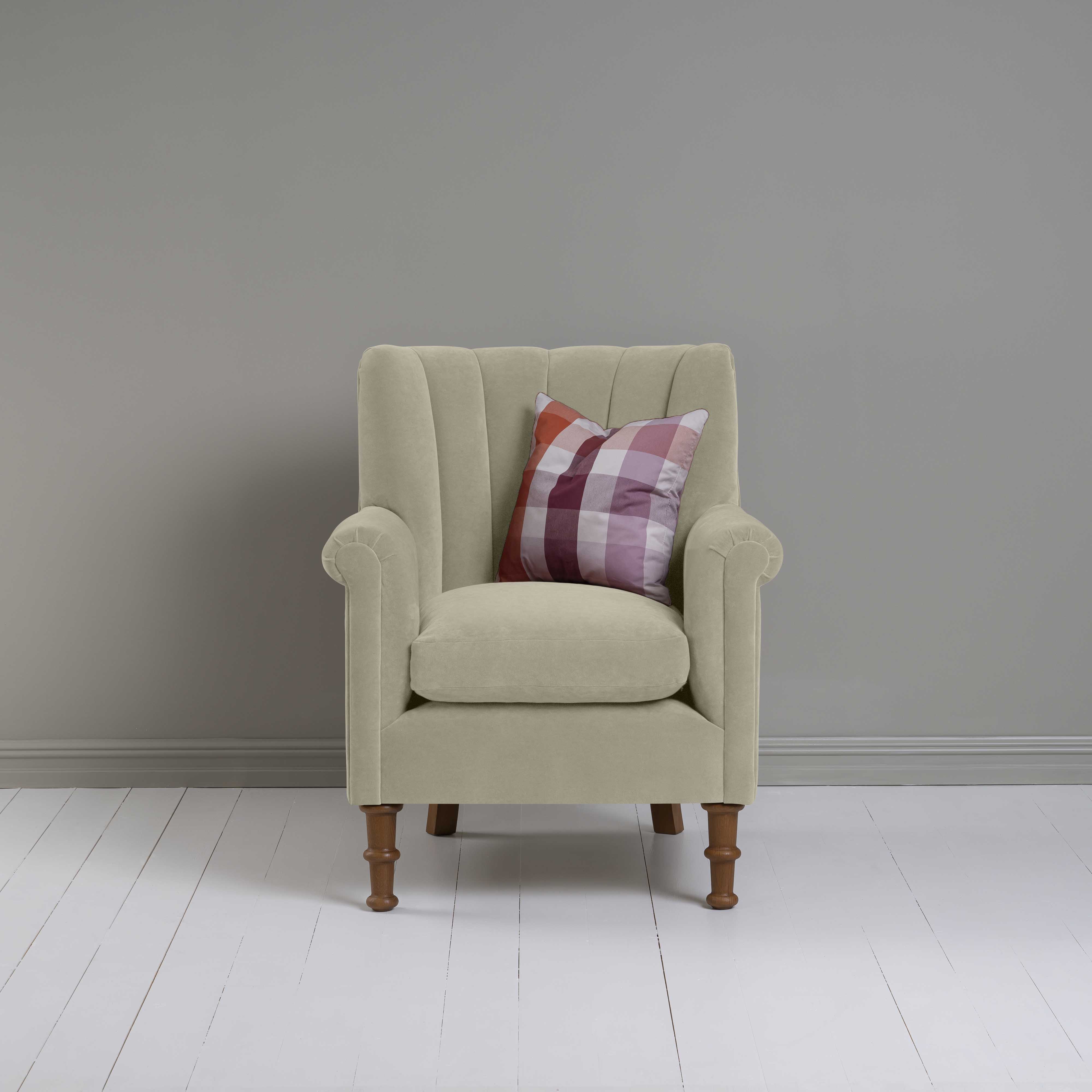  Time Out Armchair in Intelligent Velvet Moonstone, Front View With Cushion - NiX 