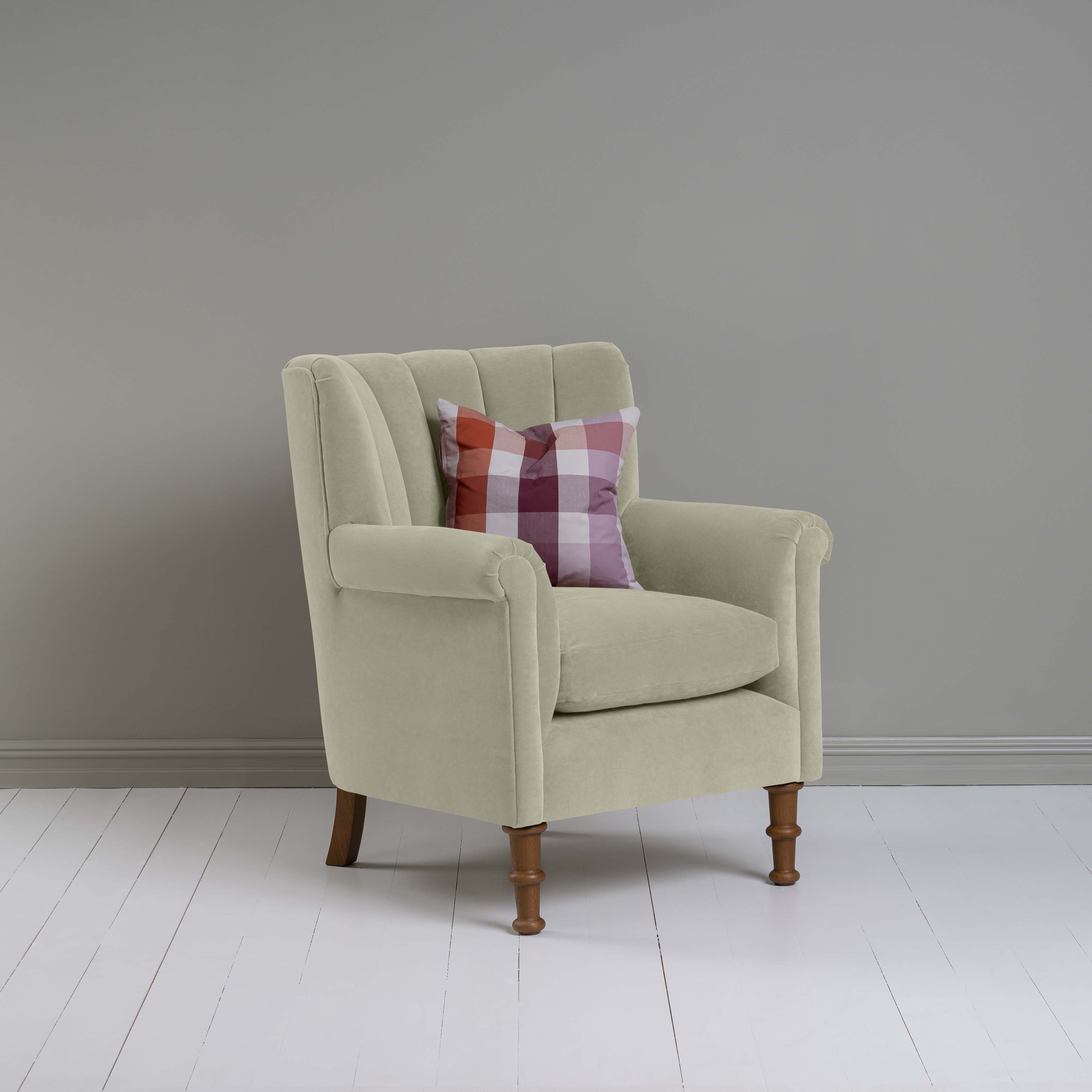  Time Out Armchair in Intelligent Velvet Moonstone, Side View With Cushion - NiX 
