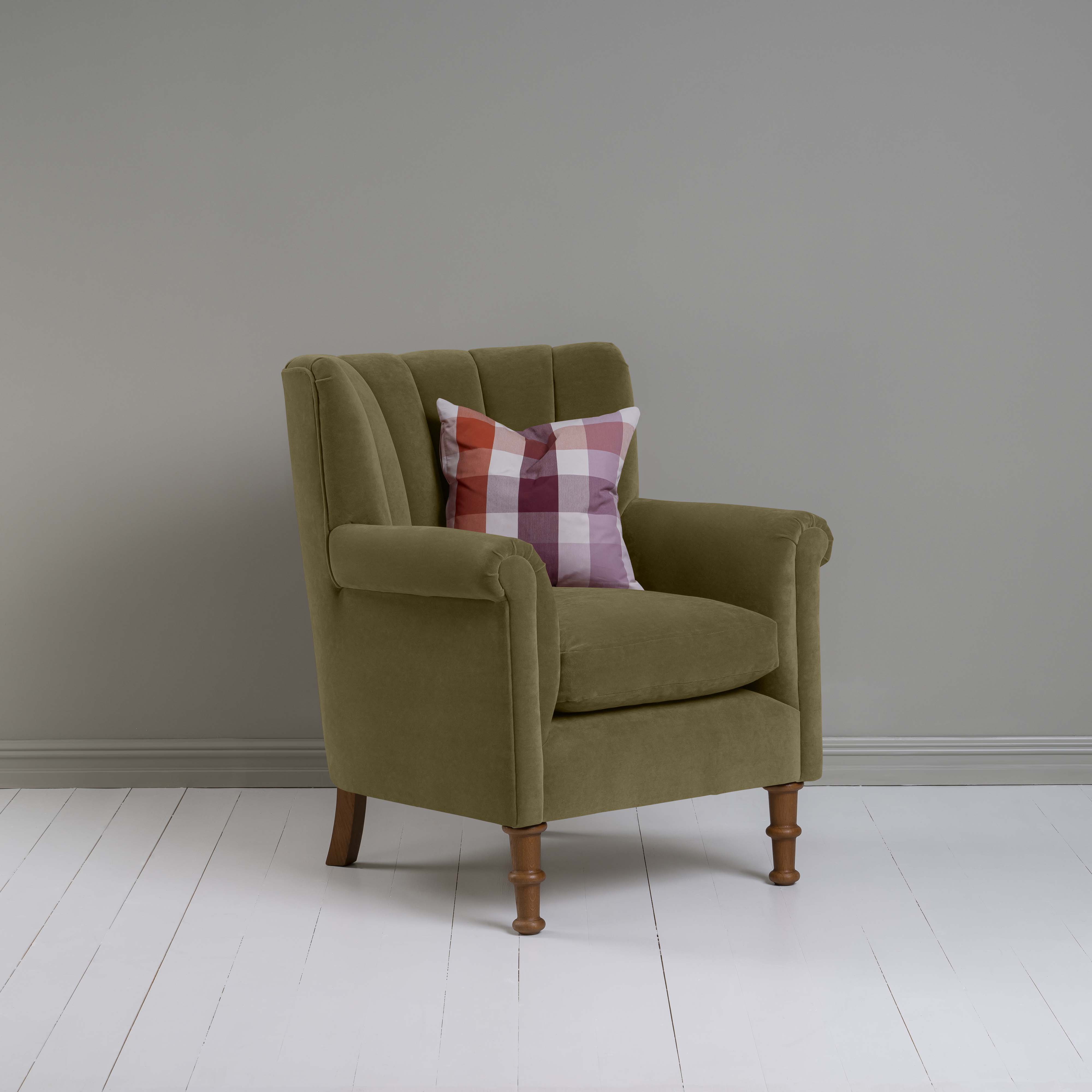  Time Out Armchair in Intelligent Velvet Sepia, Side View With Cushion - NiX 