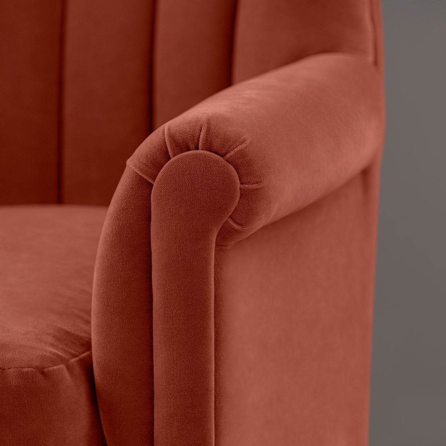 Time Out Armchair in Intelligent Velvet Sienna, Arm Design Closeup - NiX