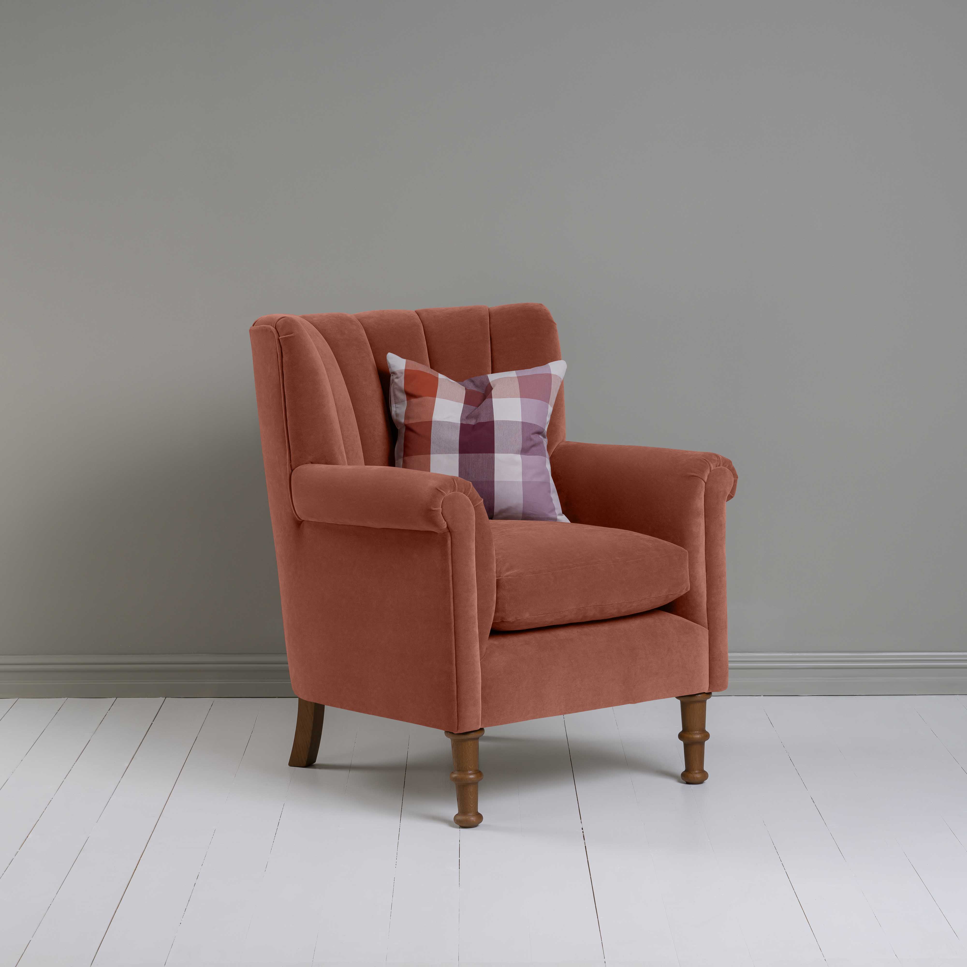  Time Out Armchair in Intelligent Velvet Sienna, Side View With Cushion - NiX 