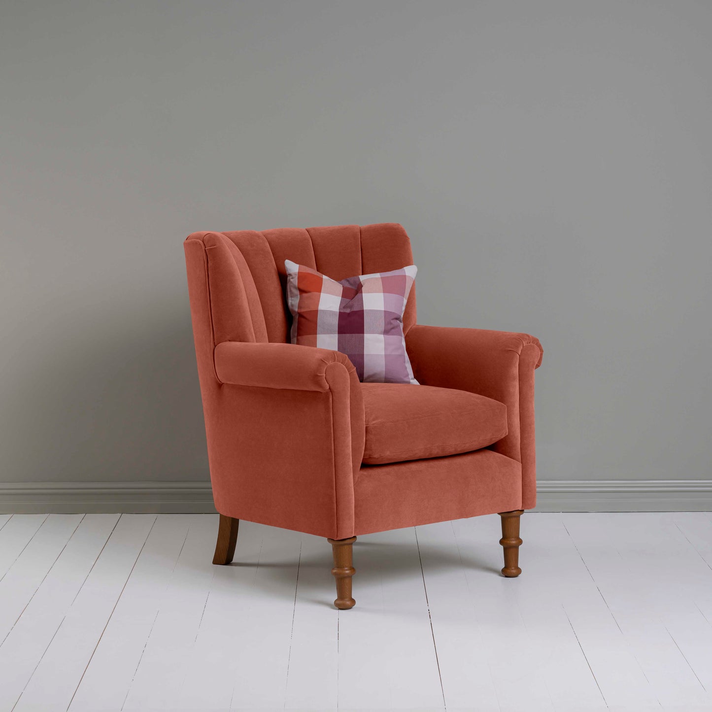 Time Out Armchair in Intelligent Velvet Sienna, Side View With Cushion - NiX