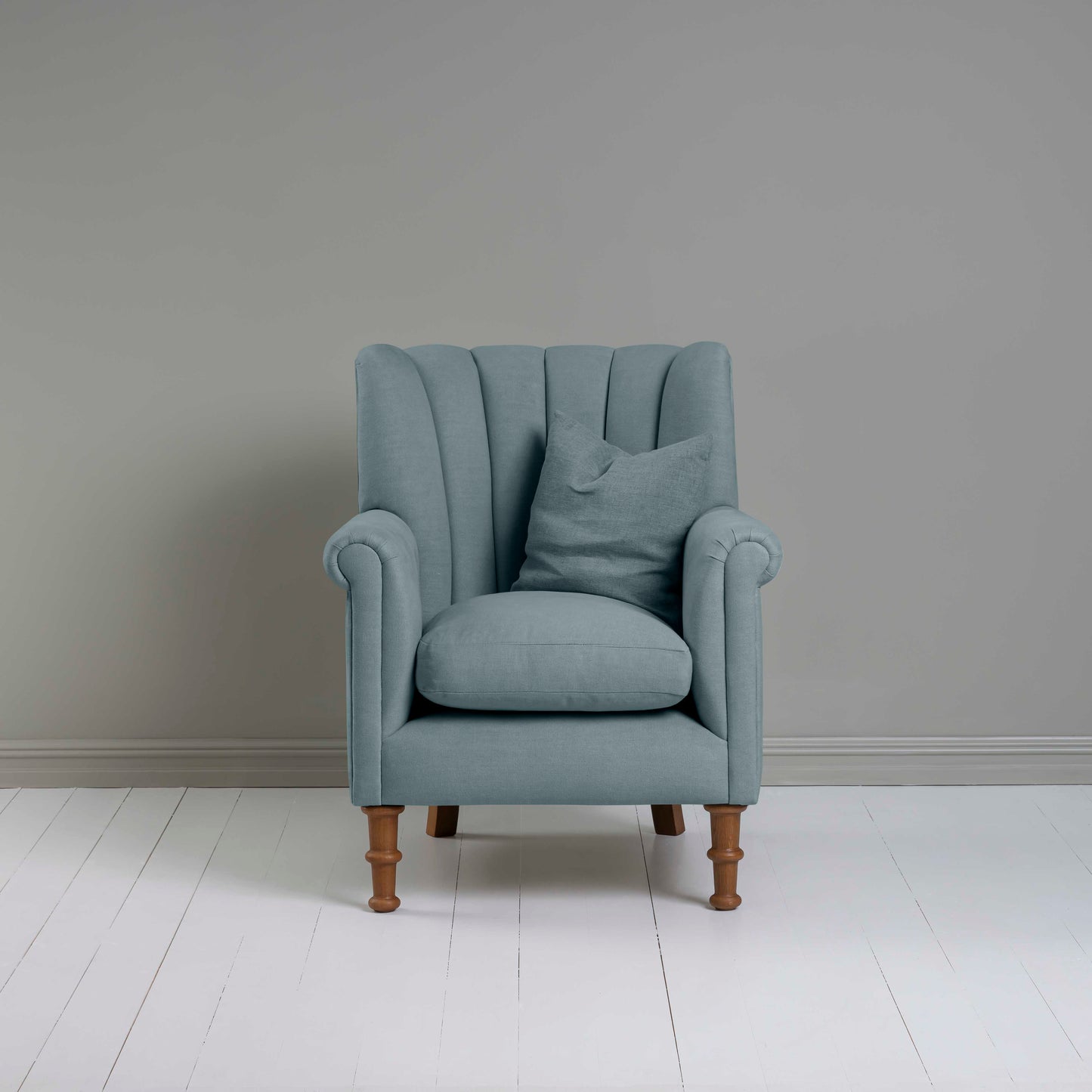 Time Out Armchair in Laidback Linen Cerulean, Front View Matching Cushion - NiX