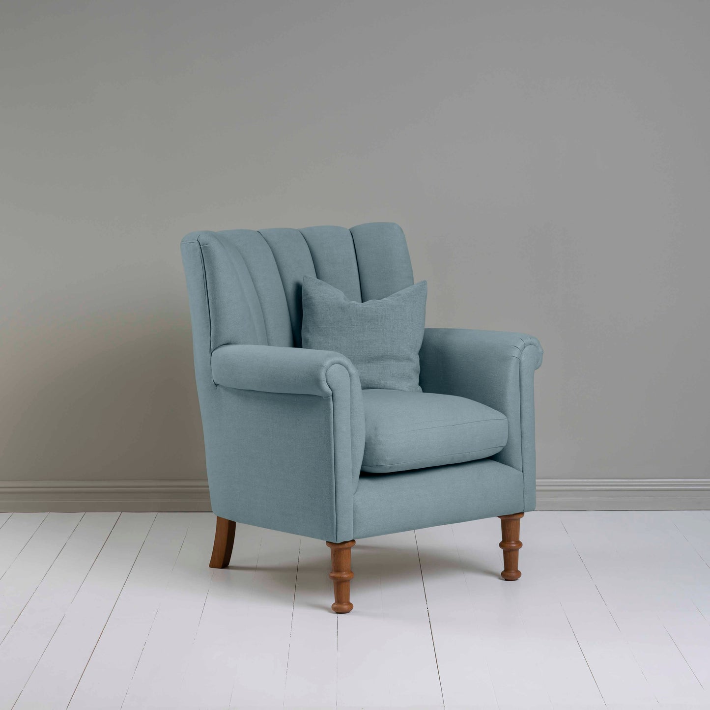 Time Out Armchair in Laidback Linen Cerulean, Side View With Matching Cushion - NiX