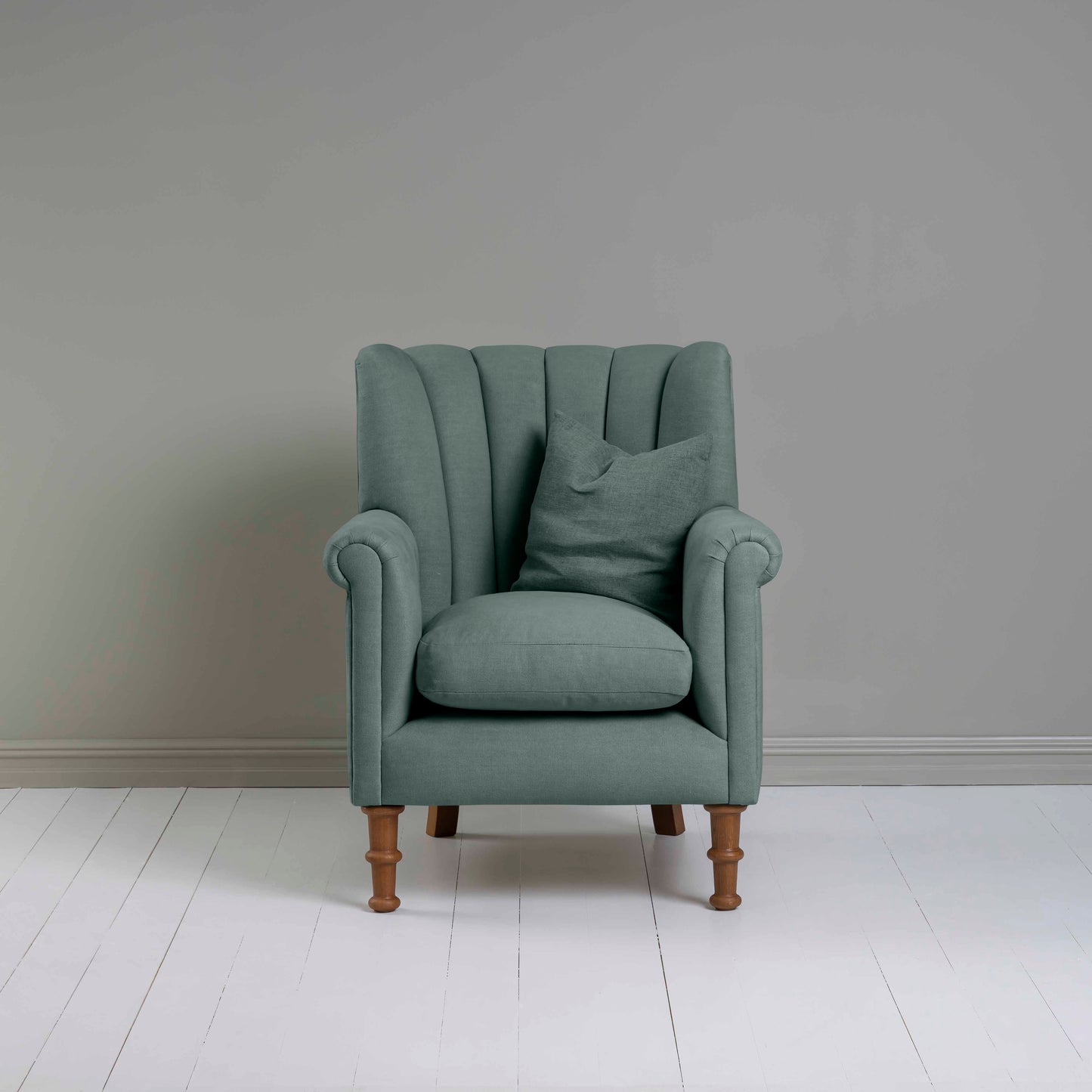 Time Out Armchair in Laidback Linen Mineral, Front View With Matching Cushion - NiX