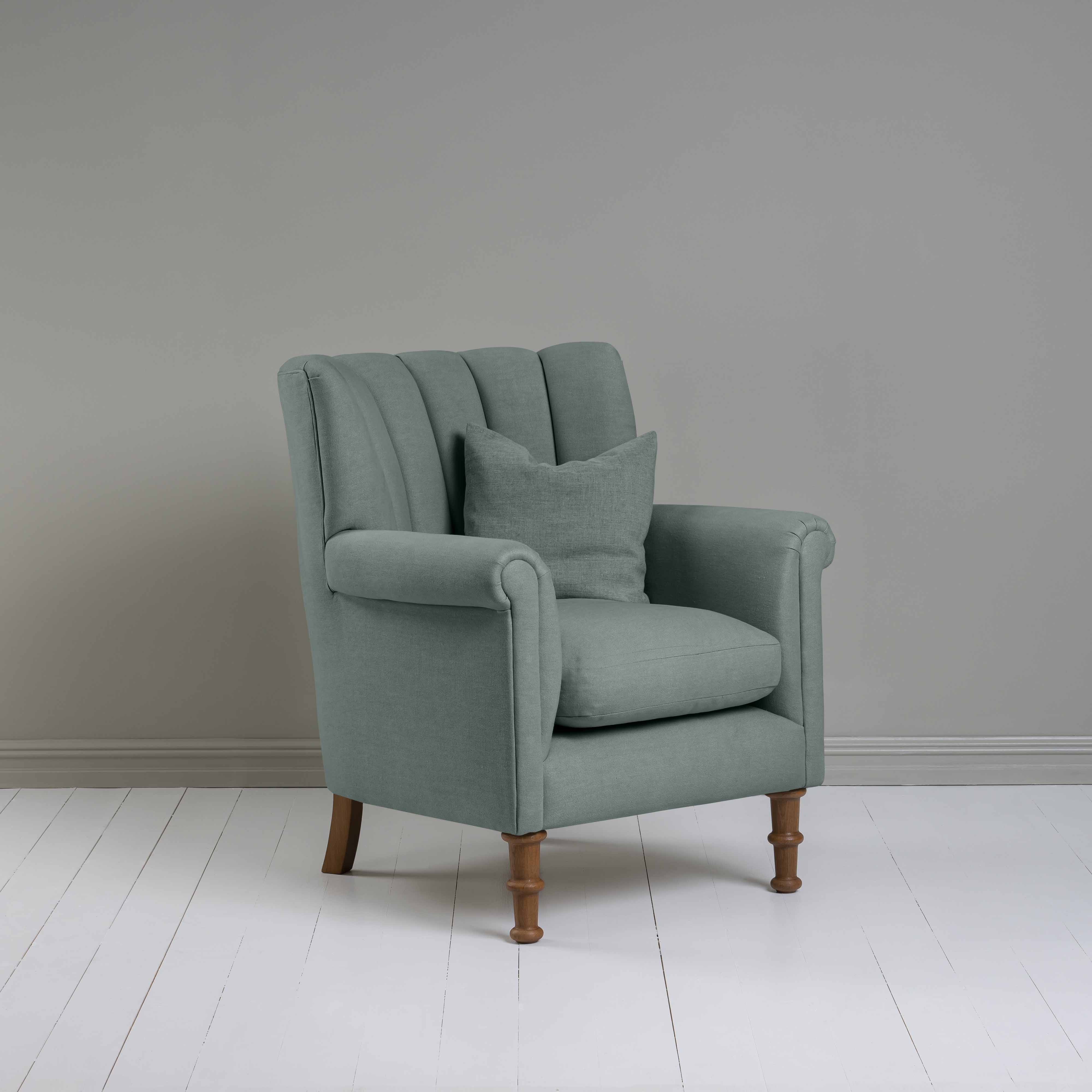  Time Out Armchair in Laidback Linen Mineral, Side View With Matching Cushion - NiX 