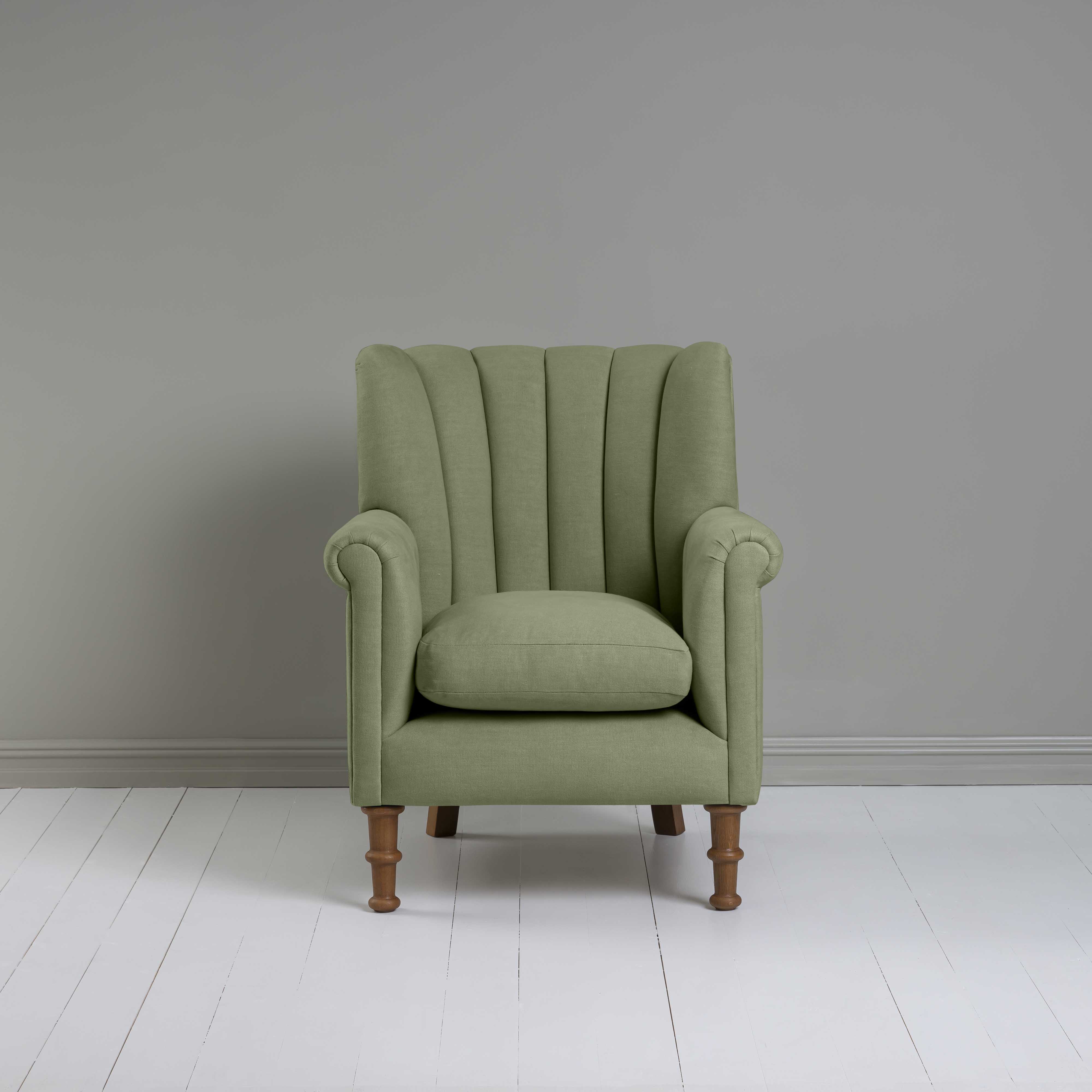  Time Out Armchair in Laidback Linen Moss, Front View - NiX 