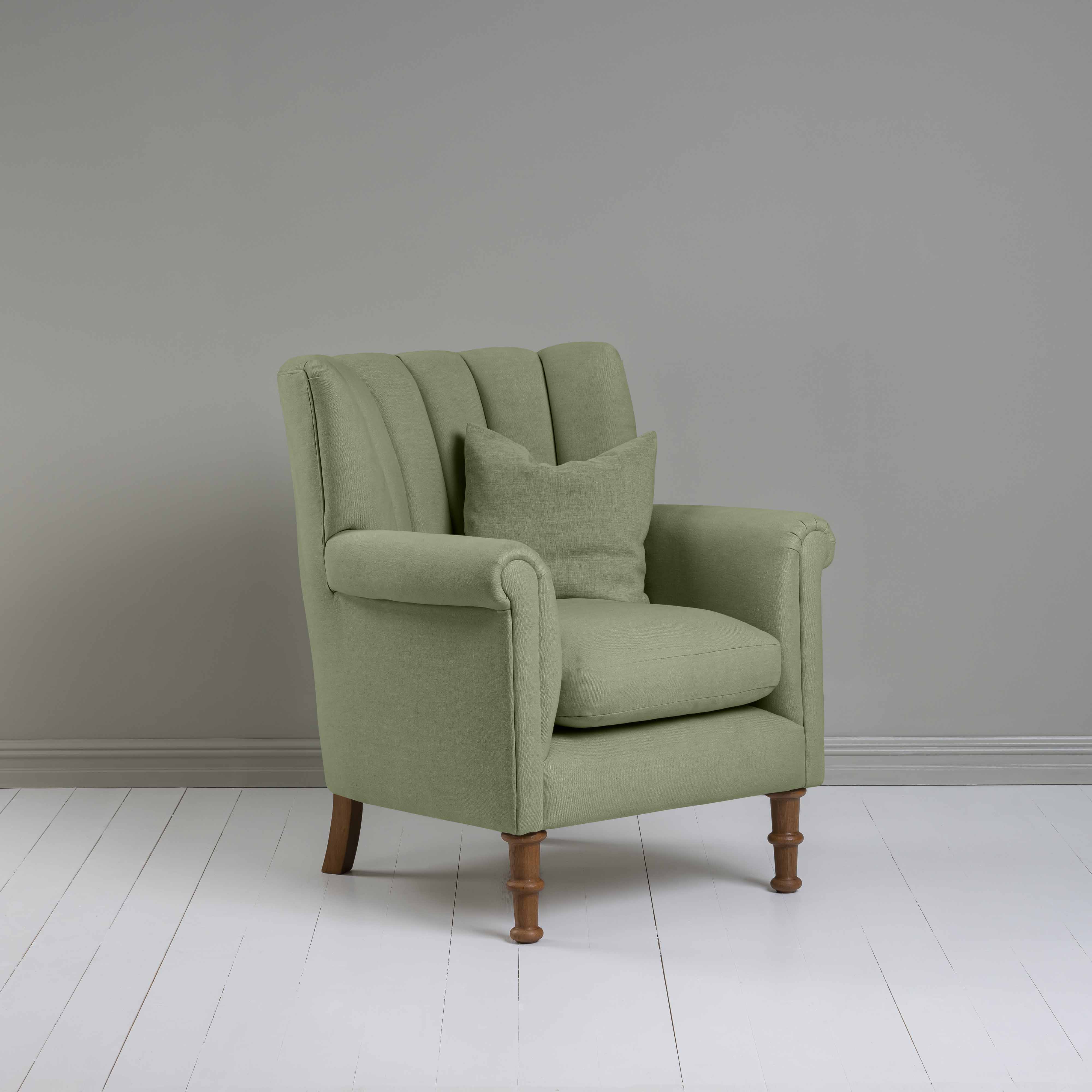  Time Out Armchair in Laidback Linen Moss, Side View With Matching Cushion - NiX 