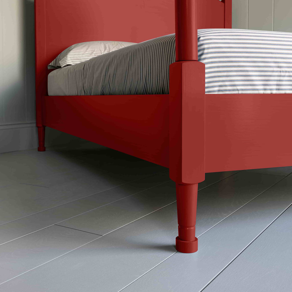  Out for the Count Three Quarter Poster Bed in Ruby Red Legs Closeup - NiX 