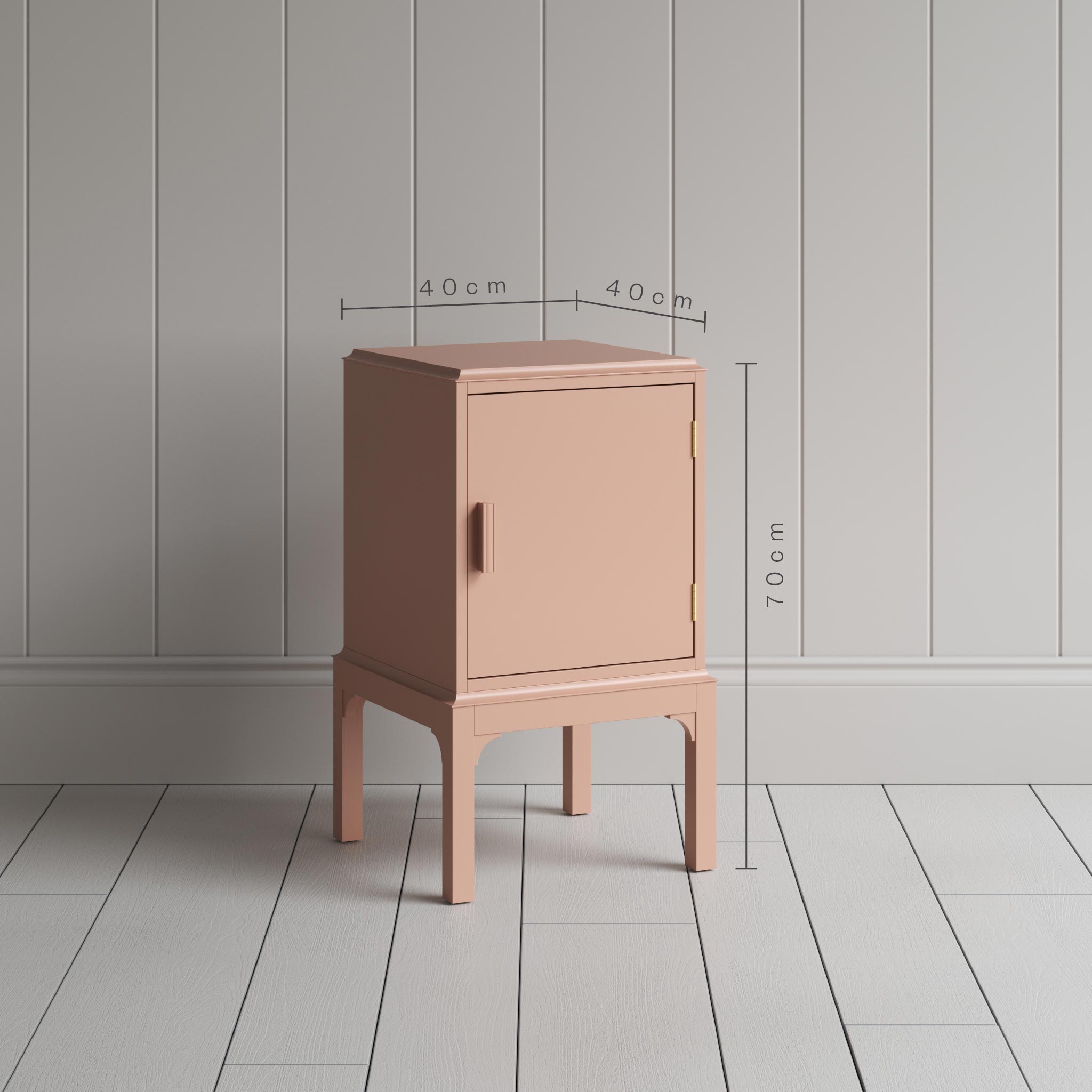  Dimensions of Bits and Bobs Bedside Table, Blush Pink, Right Hand Side. Height 70cm, length 40cm, and Width 40cm Manufactured By NiX Furniture in London 