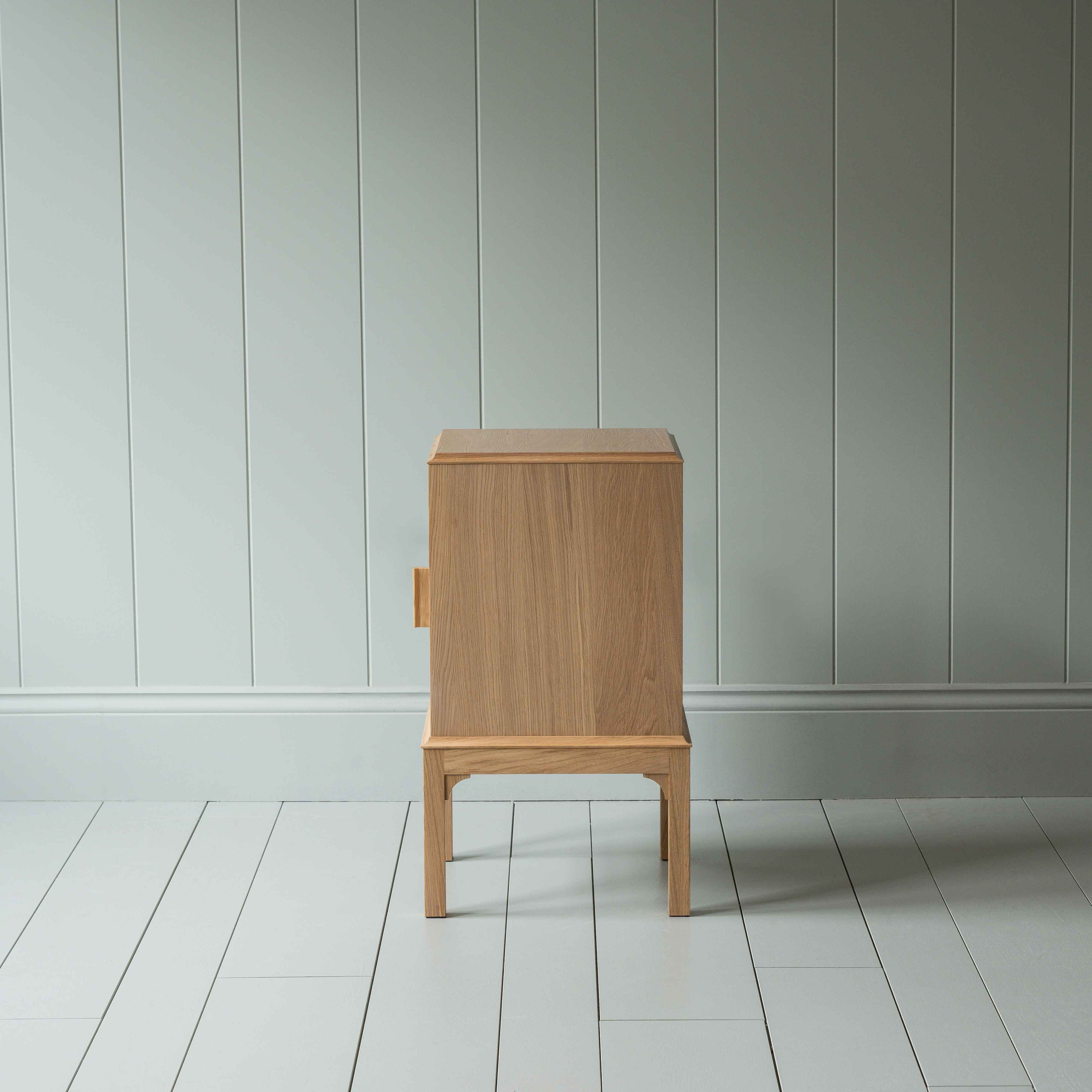  Side View of Bits and Bobs Bedside Table, Natural Oak, Left Hand Side - Nicola Harding 