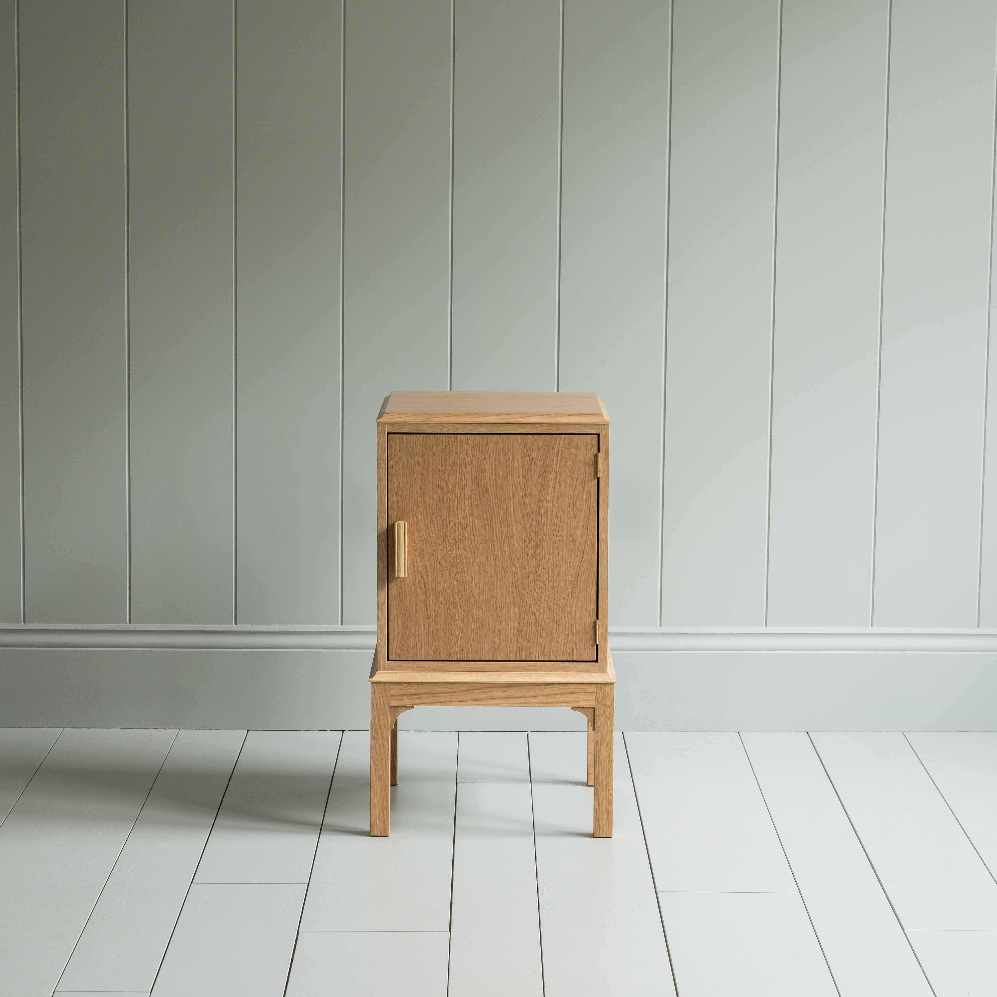  Front View of Bits and Bobs Bedside Table, Natural Oak, Right Hand Side - Nicola Harding 