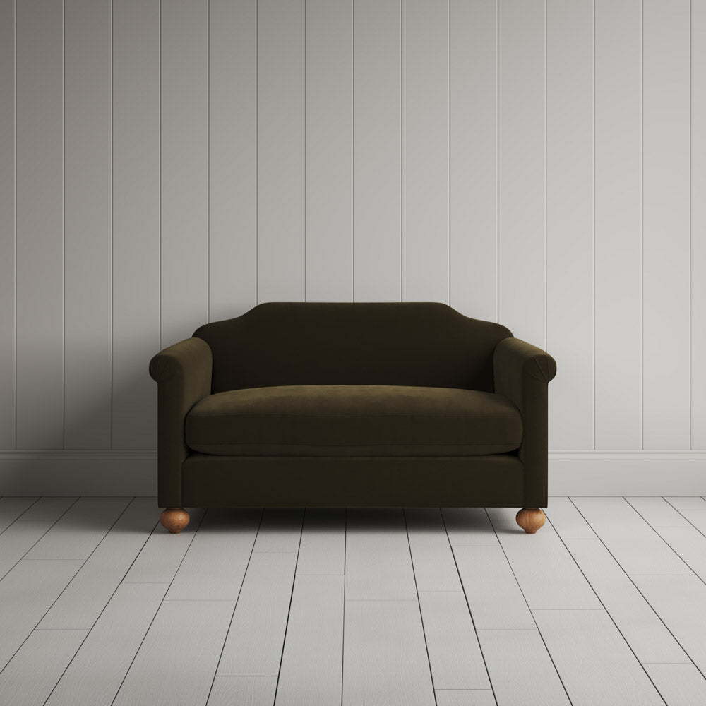  Dolittle Big Love Seat in intelligent velvet seaweed, front view by Nicola Harding. 