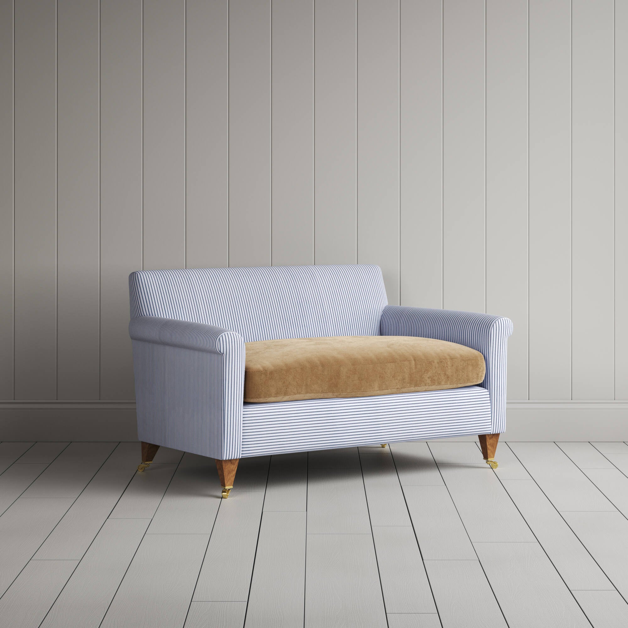  Angled view of the Ticking Aqua Brown Idler love seat by NiX 