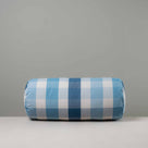 Front View of Bask Bolster Cushion in Checkmate Cotton, Blue - Nicola Harding