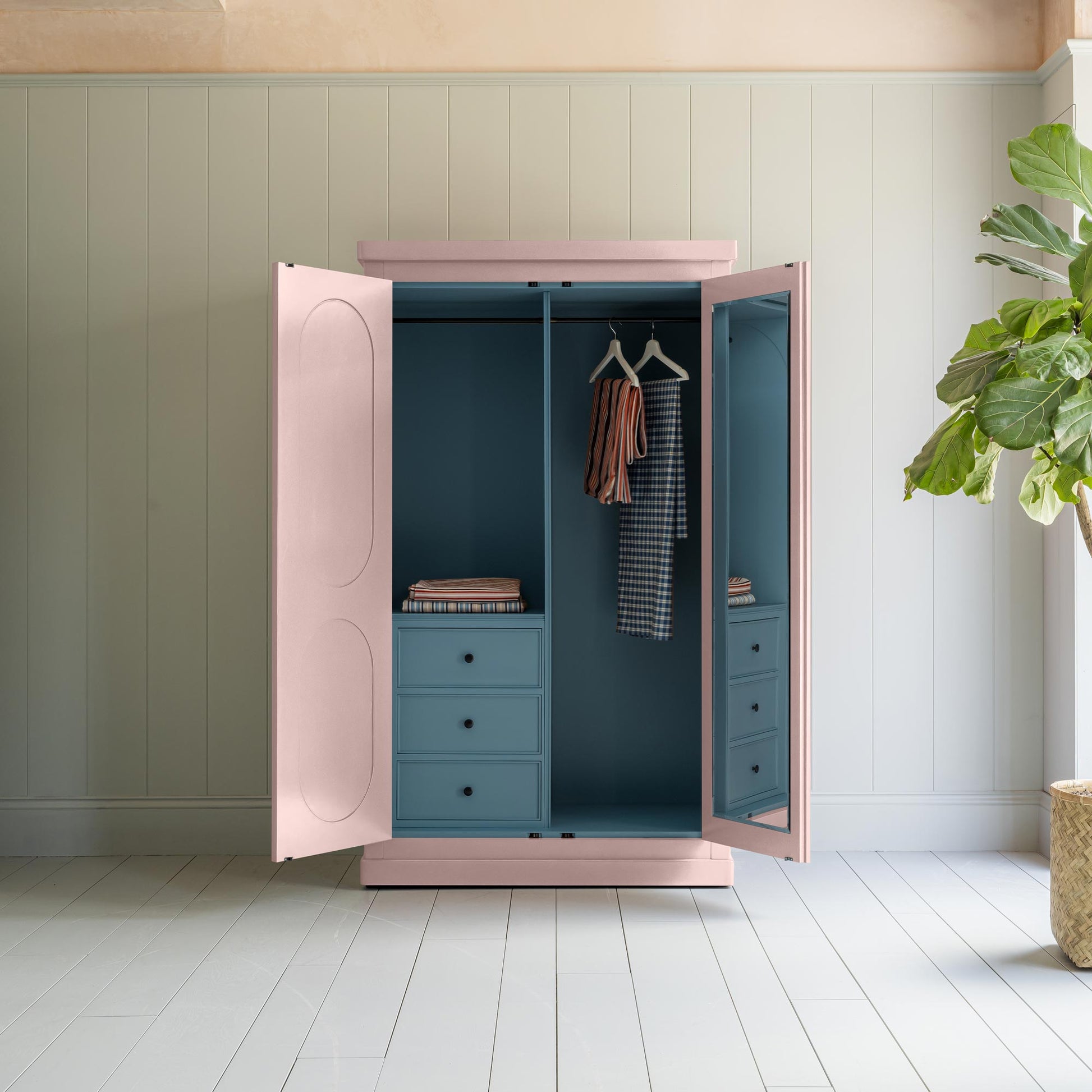 Glad Rags Wardrobe, Internal with Half Drawer, Powder Pink with Cerulean Blue With Open Door - By NiX