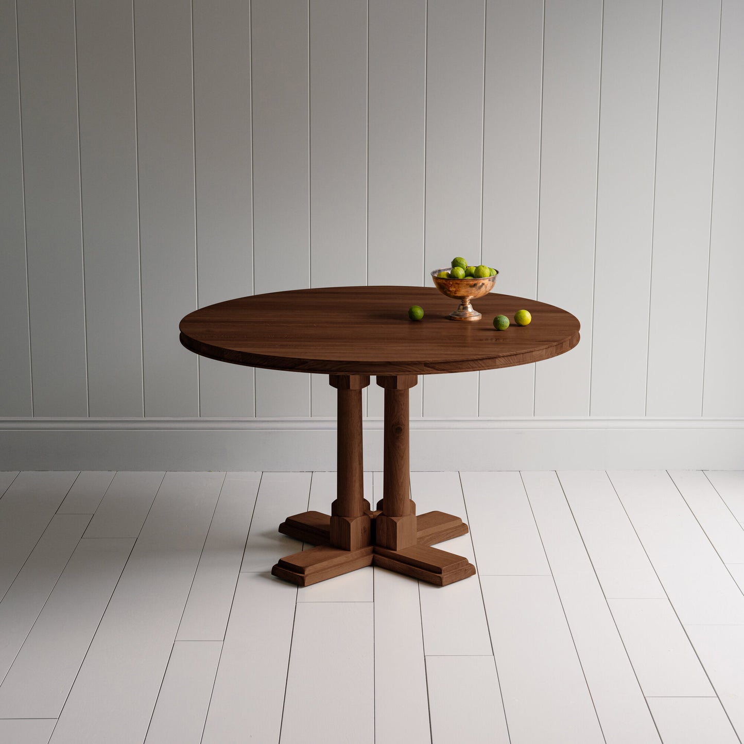 Small beautiful round Smoky Stained Oak Wood dining table, With Fruit basket, manufactured by NiX in London.