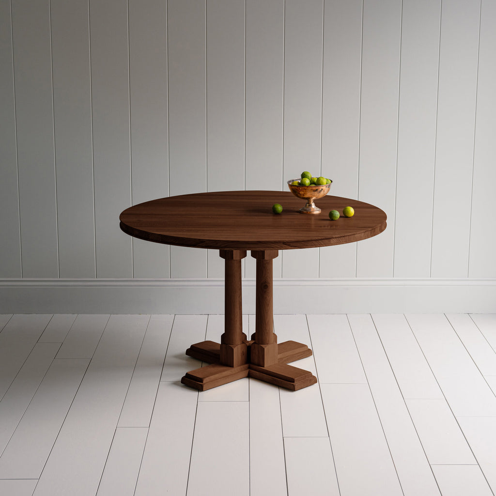  Small beautiful round Smoky Stained Oak Wood dining table, With Fruit basket, manufactured by NiX in London. 