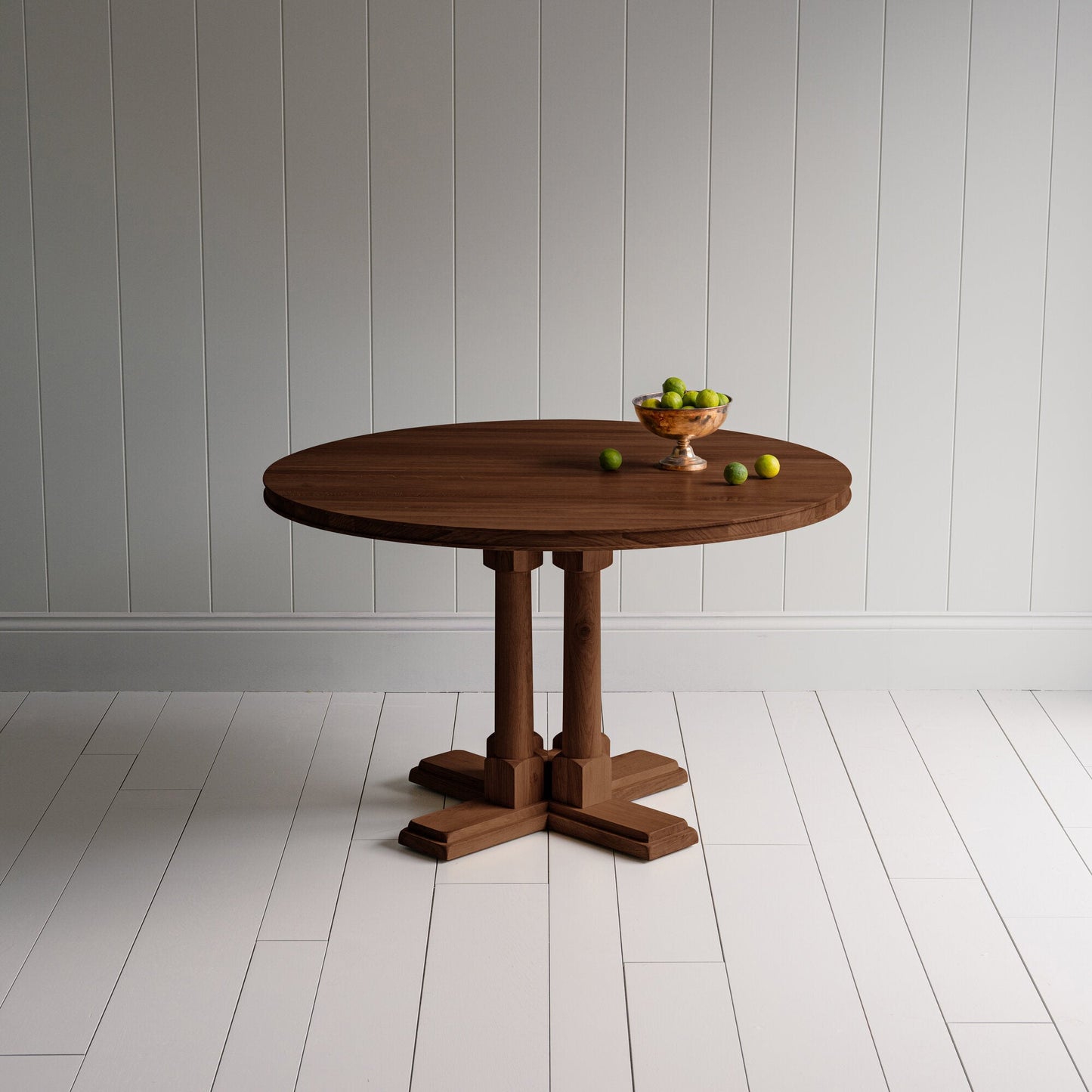 Small beautiful round Smoky Stained Oak Wood dining table, With Fruit basket, manufactured by NiX in London.