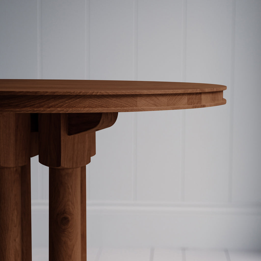  Edge design of the round Smoky Stained Oak Wood dining table, high lighting its smooth finish 