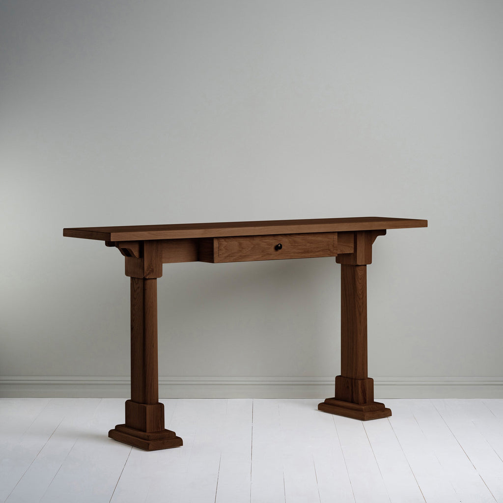  Keepsake Console Table in smoky stained oak with a storage drawer, designed by Nicola Harding & Co. 