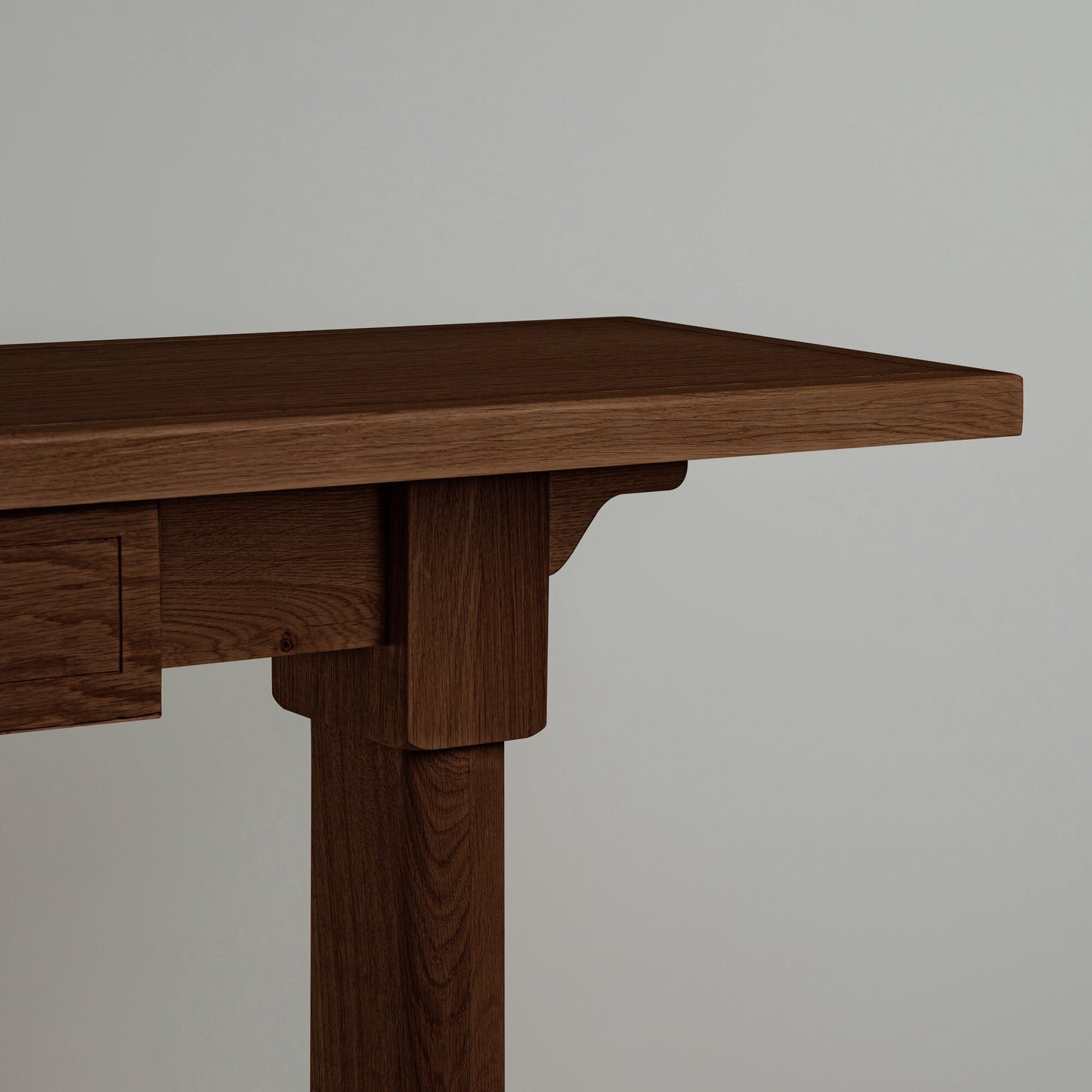 Design close-up of the Keepsake Console Table in smoky stained oak, highlighting the texture and craftsmanship.