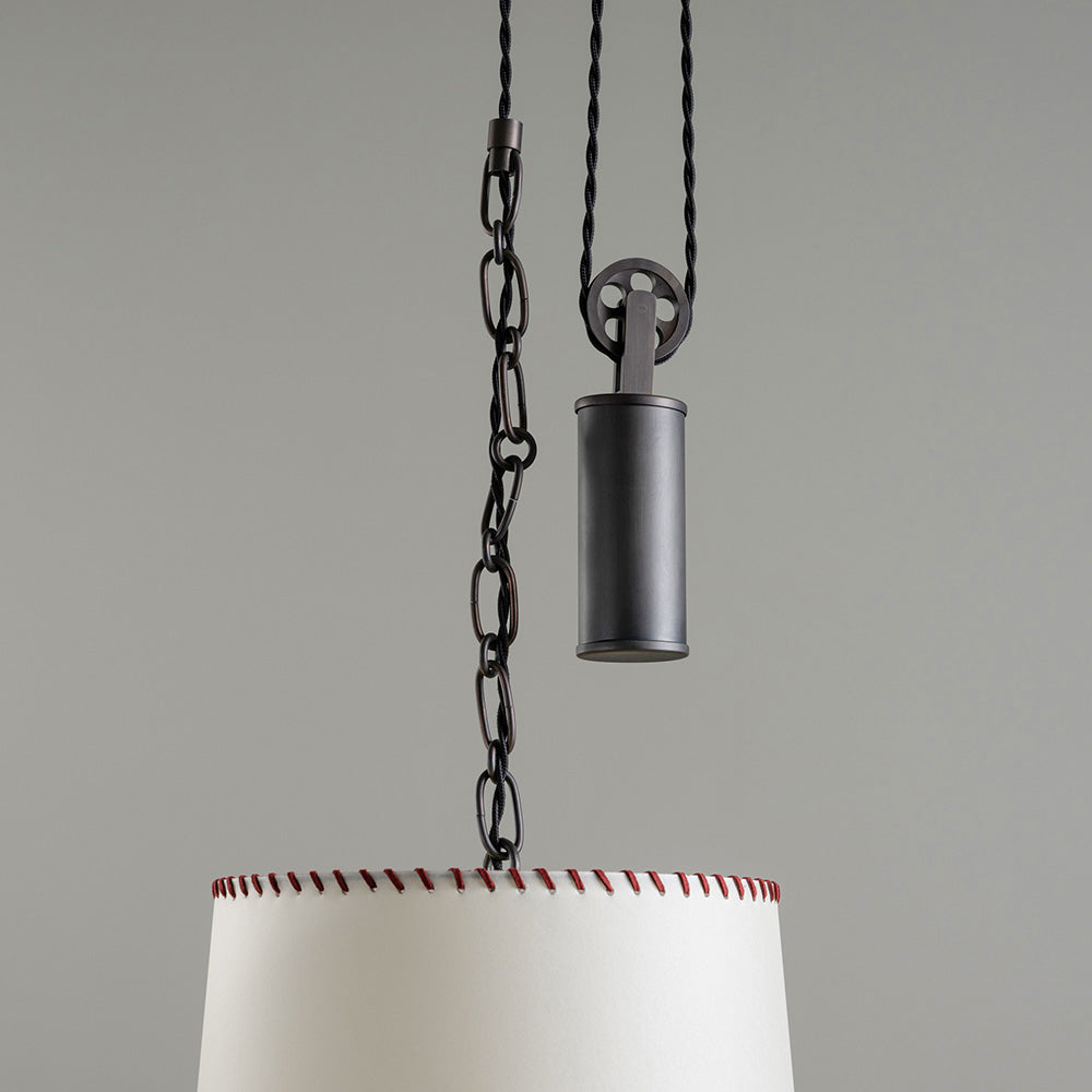 Rise Pendant, Brass with Empire Natural Parchment Lamp Shade with Maroon Stitching