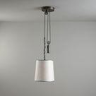  Rise Pendant, Brass with Empire Natural Parchment Lamp Shade with Blue Trim, Hanging From Ceiling - By NiX 