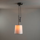  Rise Pendant, Brass with Empire Natural Parchment Lamp Shade with Blue Trim, Hanging From Ceiling With Lights 'ON' - By NiX 