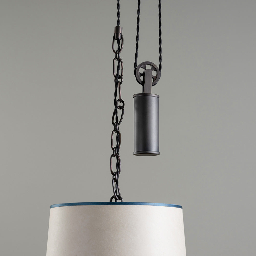 Rise Pendant, Brass with Empire Natural Parchment Lamp Shade with Blue Trim