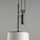  Rise Pendant, Brass with Empire Natural Parchment Lamp Shade with Blue Trim, Hanging From Ceiling Closeup - By NiX 
