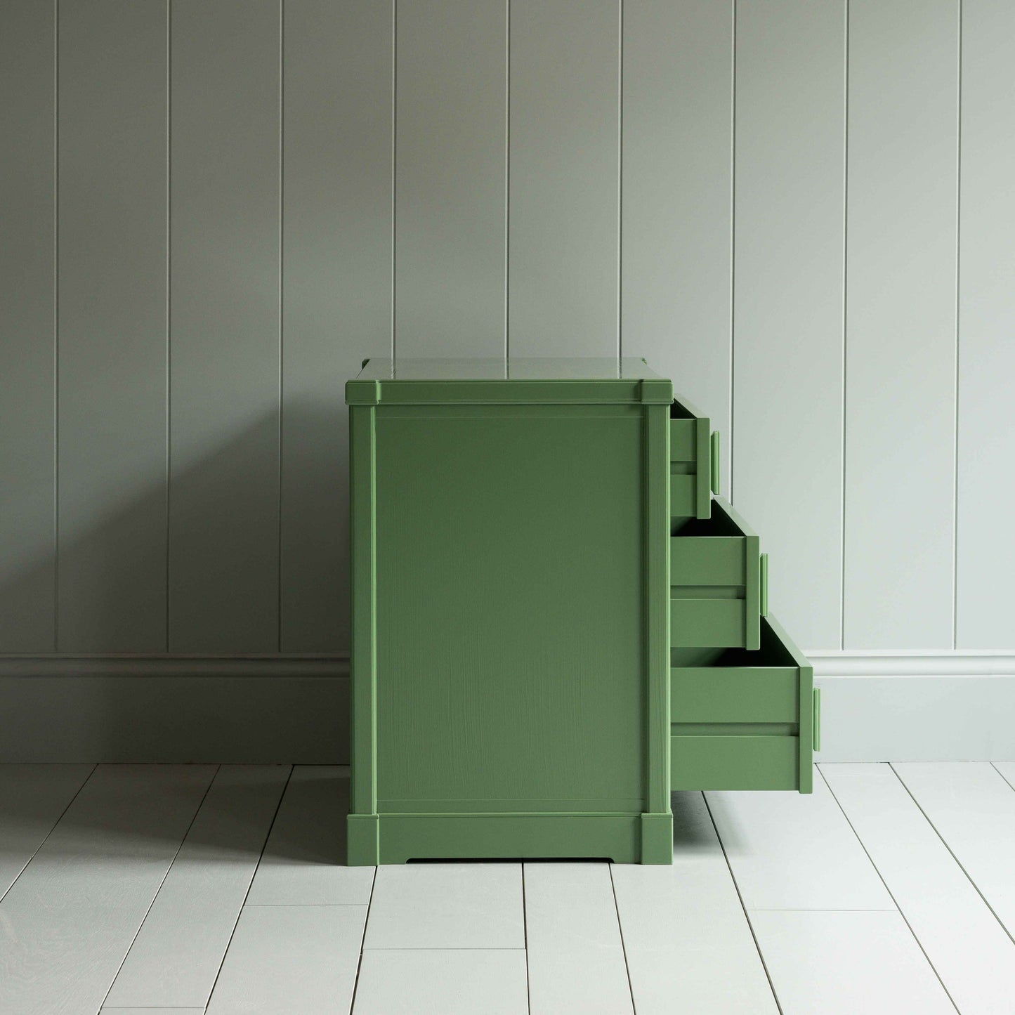 Shipshape Chest of Drawers, Sage Green Side View With Open Drawers - By NiX
