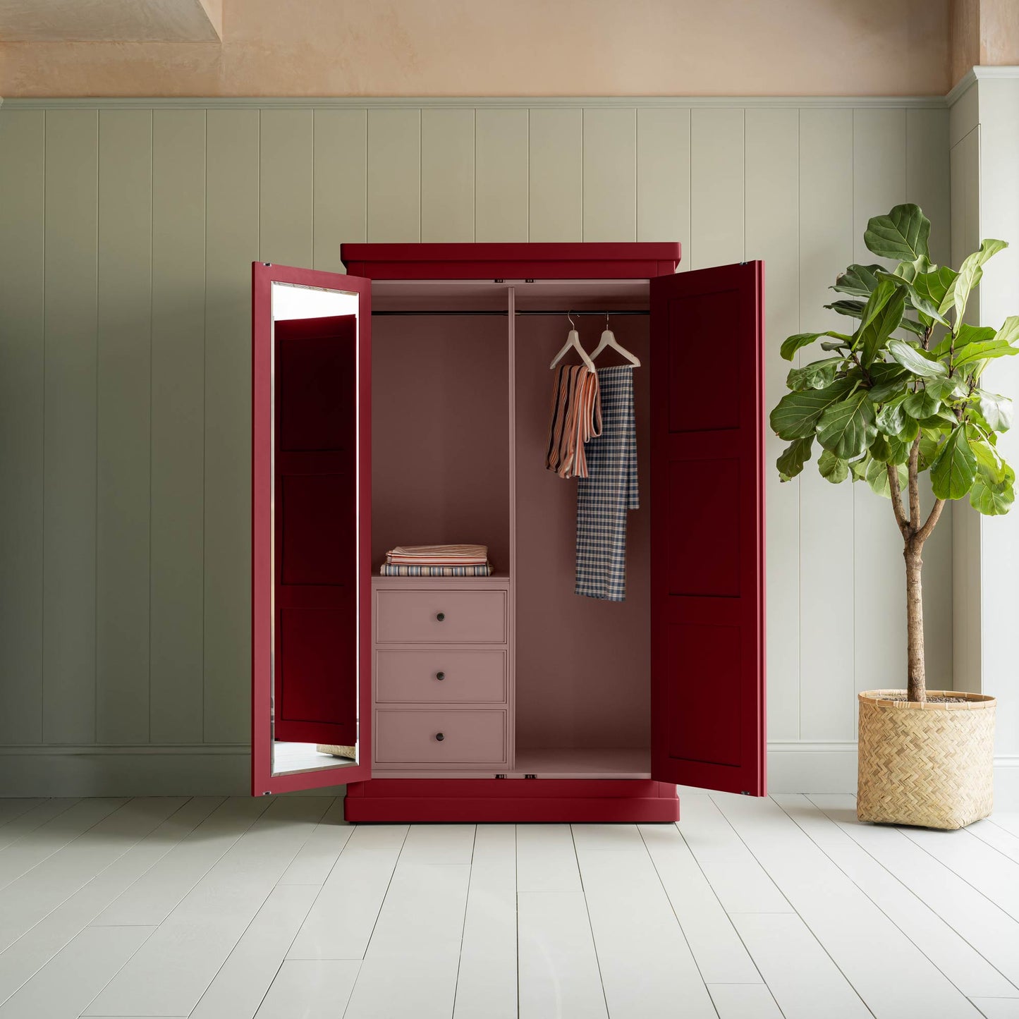 Clobber Wardrobe, Internal with Half Drawer, Berry Red with Powder Pink