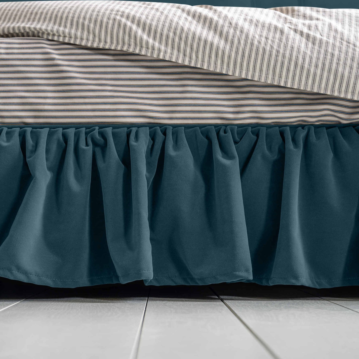 Cloud Nine Upholstered Bed in Intelligent Velvet Aegean with Ruffled Valance