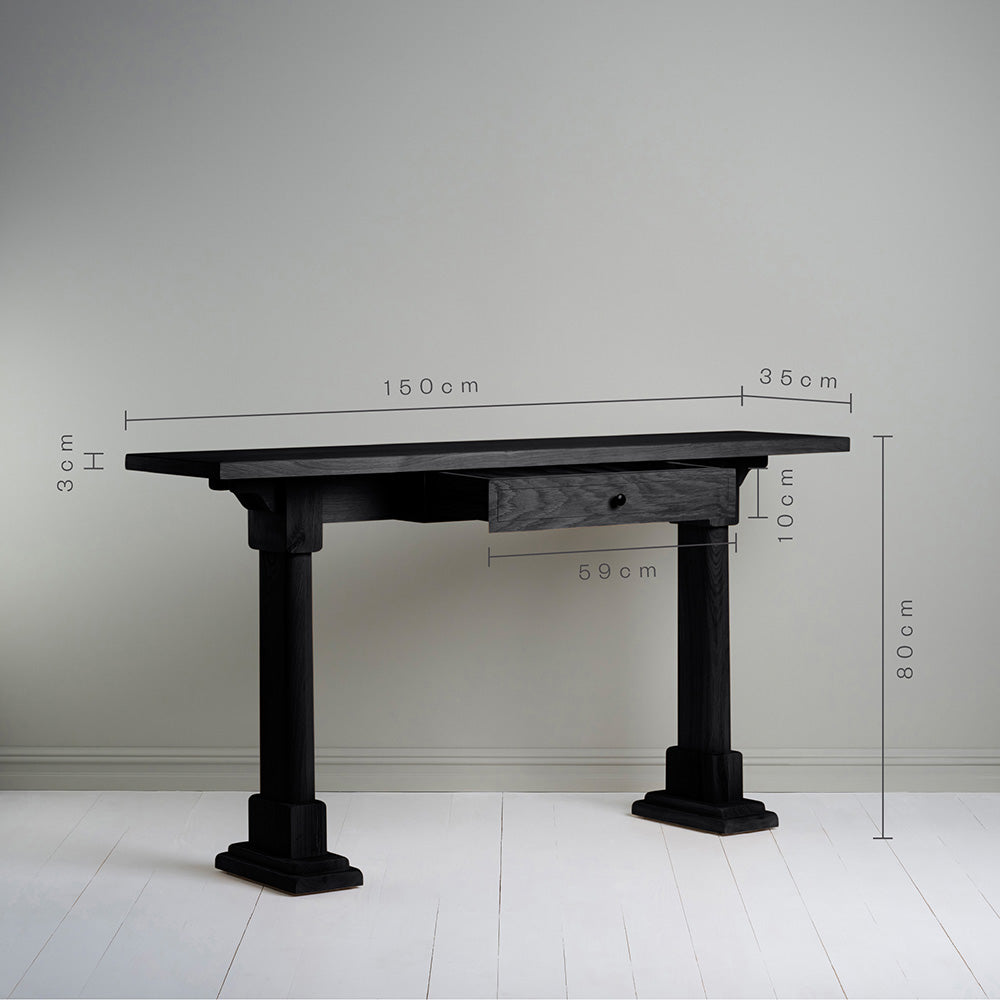Dimensions of Keepsake Black Console Table height 80cm, length 150cm, Width 35cm, Shelf thickness 3cm By NiX Studio in London