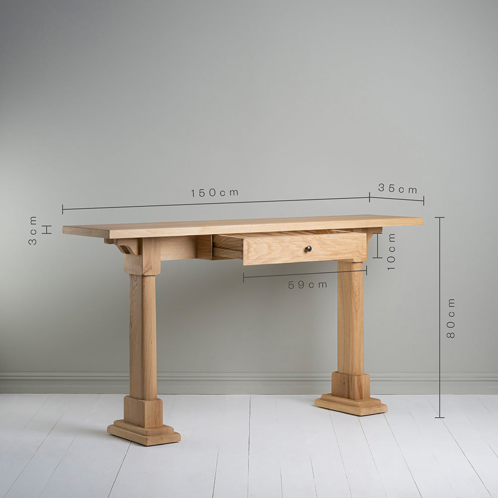  Dimensions of Keepsake Oiled Oak Console Table height 80cm, length 150cm, Width 35cm, Shelf thickness 3cm By NiX Studio in London 