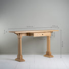  Dimensions of Keepsake Oiled Oak Console Table height 80cm, length 150cm, Width 35cm, Shelf thickness 3cm By NiX Studio in London 