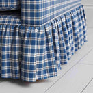  Curtain Call Sofa in Well Plaid Cotton, Blue Brown Fabric, With Our Curtain Design Closeup - By NiX 