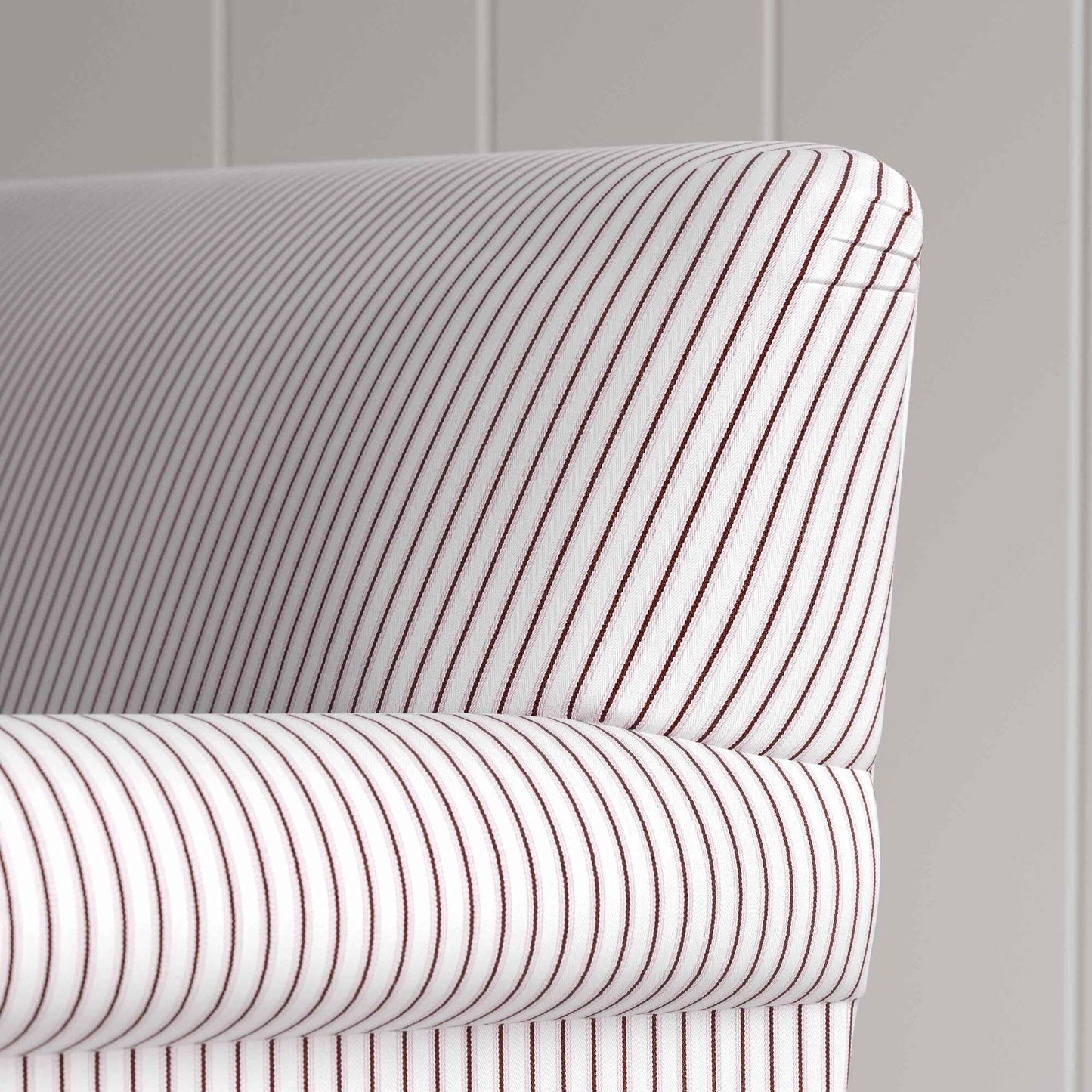 Curtain Call Sofa in Ticking Berry, With Arm and Back Design Closeup - NiX