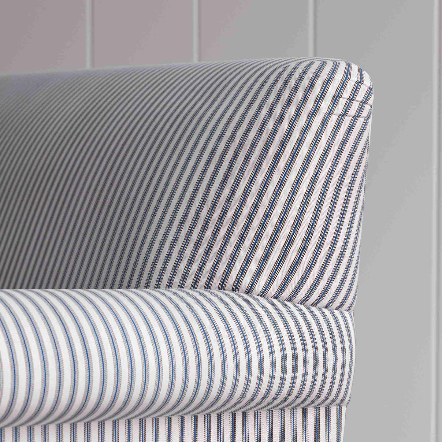 Curtain Call Sofa, in Ticking Blue Brown With Arm and Back Design Closeup - NiX