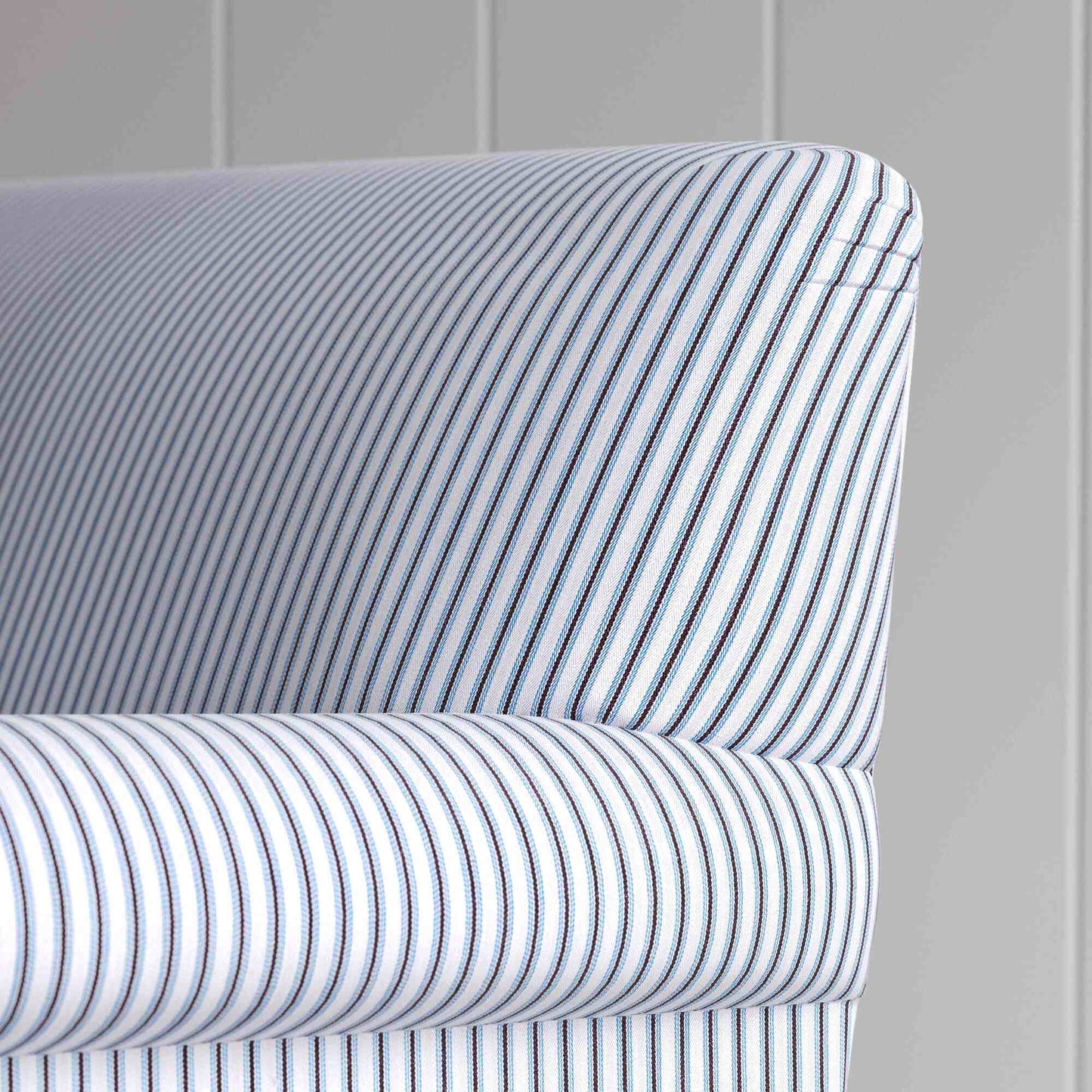 Curtain Call Curtain Call Sofa, in Ticking Blue Brown With Arm and Back Design Closeup - NiX2 Seater Ticking Cotton Aqua Brown