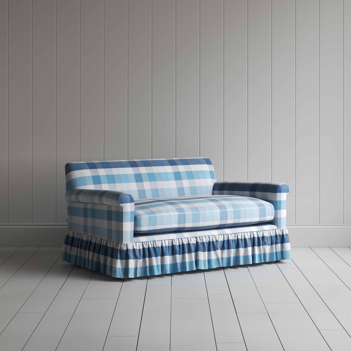 Curtain Call 2 Seater Sofa in Checkmate Cotton, Blue - Nicola Harding