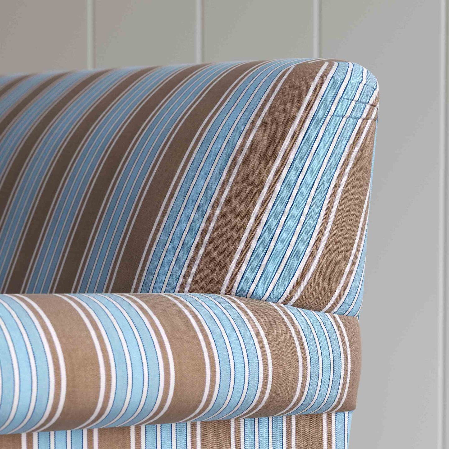 Curtain Call Love Seat in Regatta Cotton, Blue, Arm and Back Design Closeup - NiX